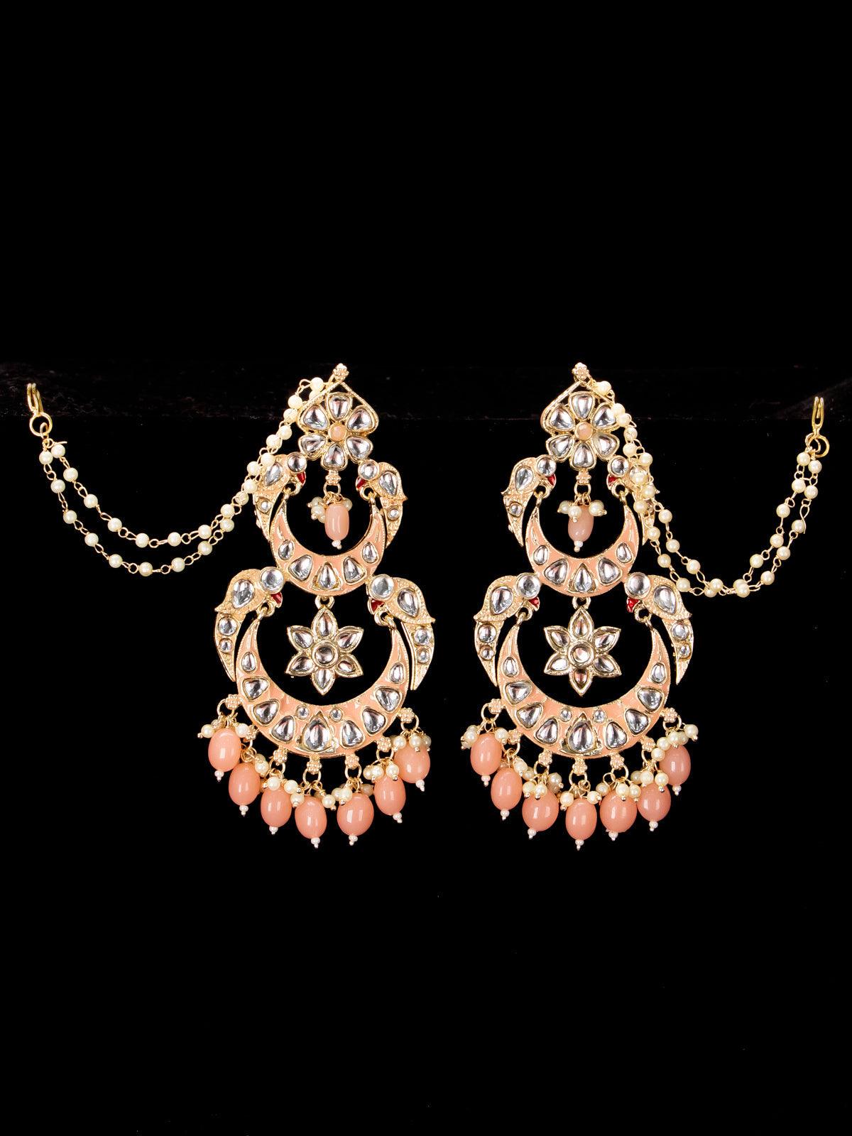 Light weight chandbali peach minakari earrings with pearl maatal - Image 3