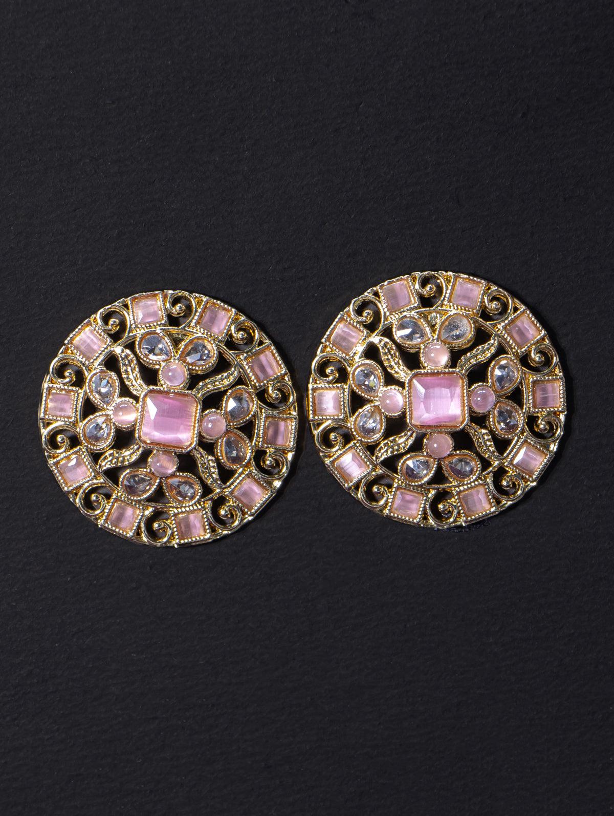 Light weight floral design earrings with cz and baby pink stone - Image 2