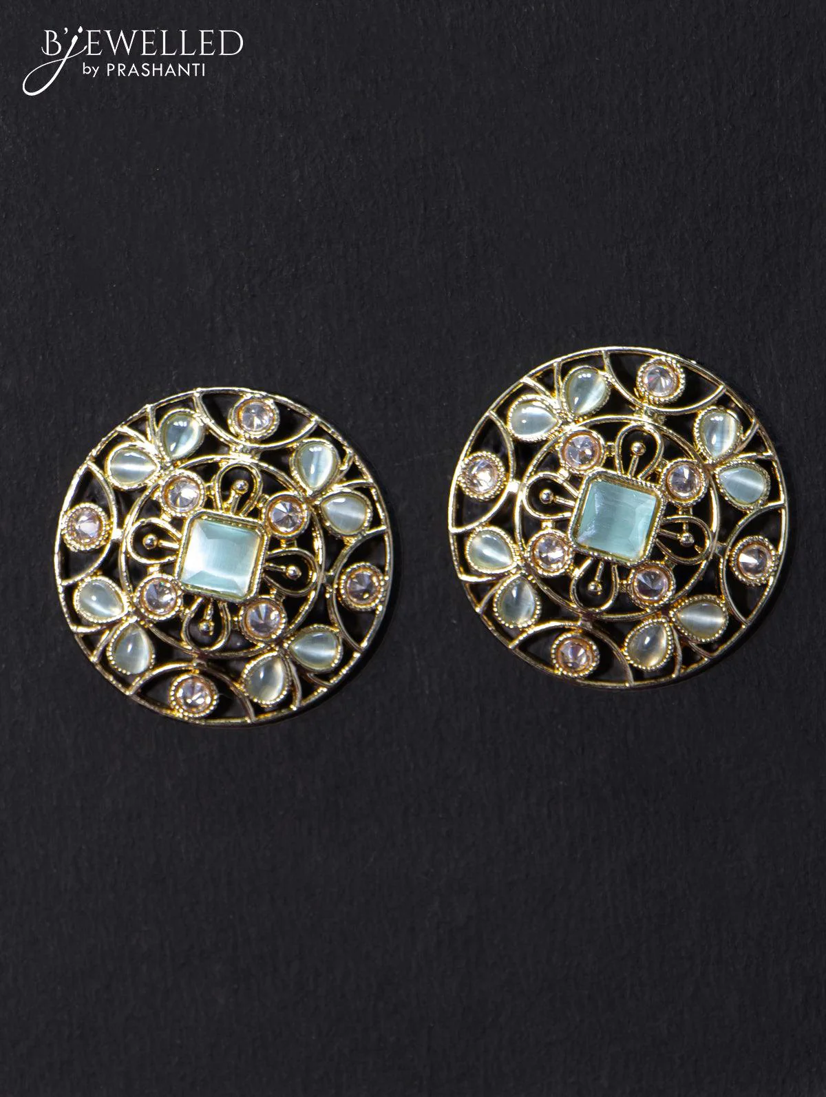 Light weight floral design earrings with cz and mint green stone - Image 2
