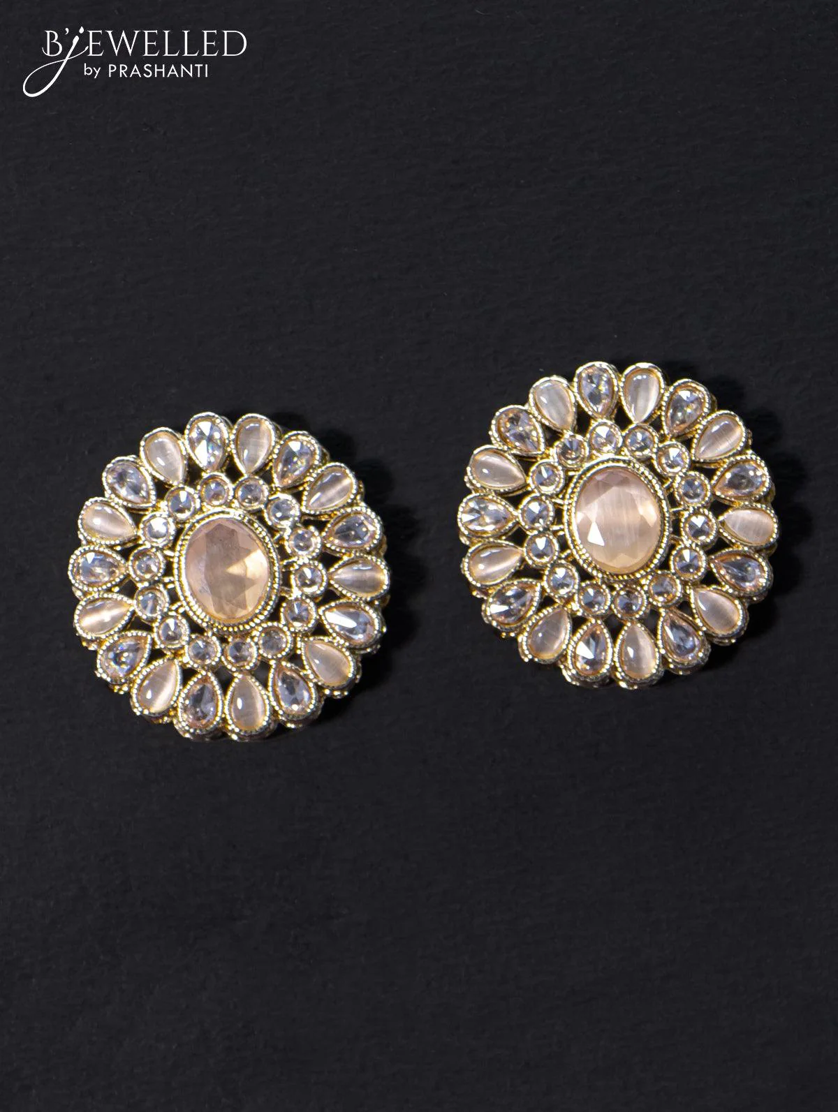 Light weight floral design earrings with cz and peach stone - Image 2