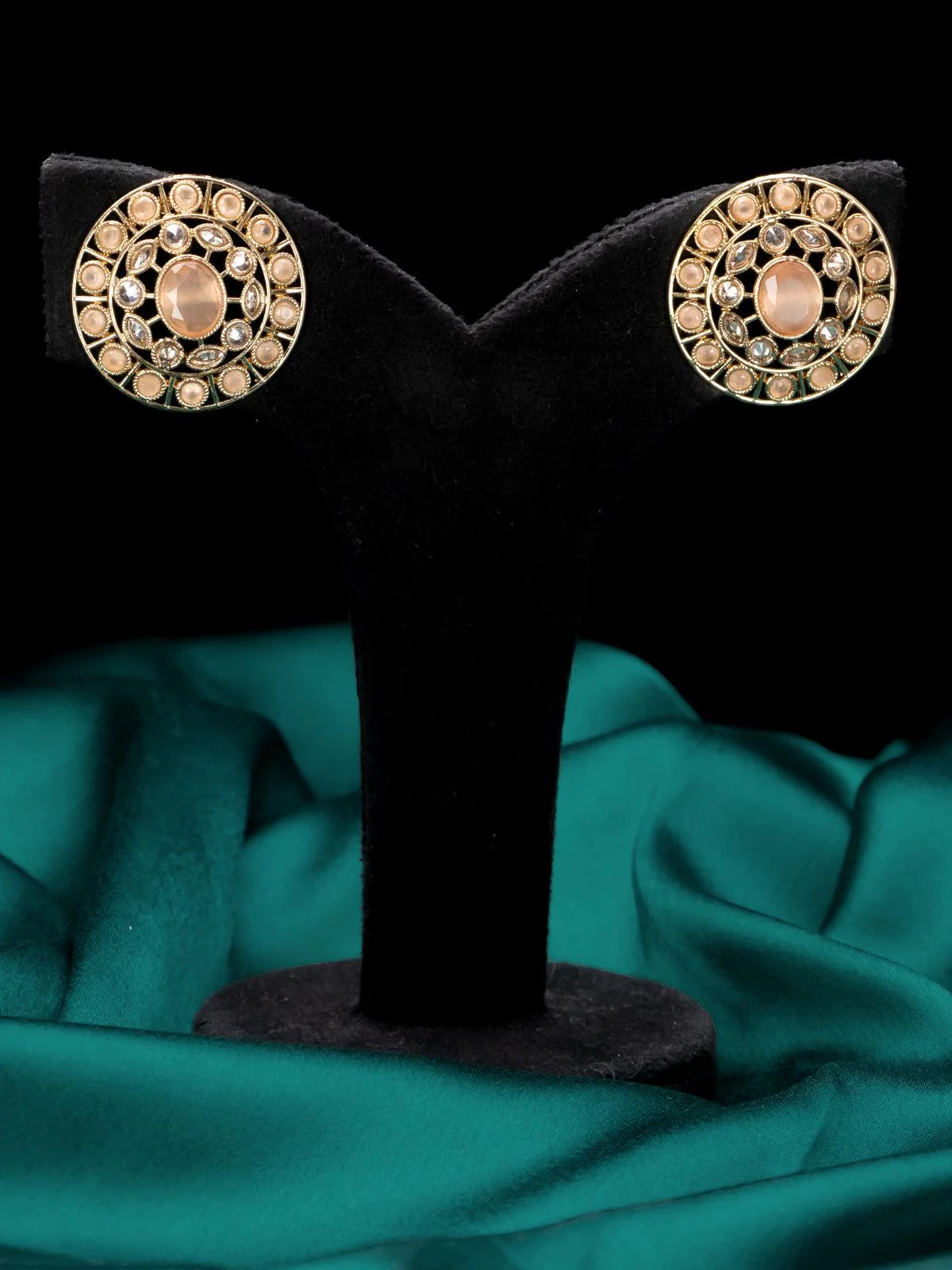 Light weight floral design earrings with peach stones in gold finish - Image 2