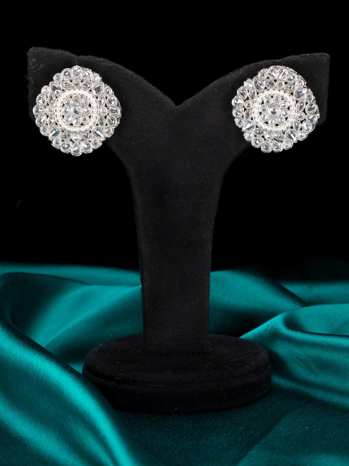 Light weight floral design earrings with white stones and beads in silver finish - Image 2