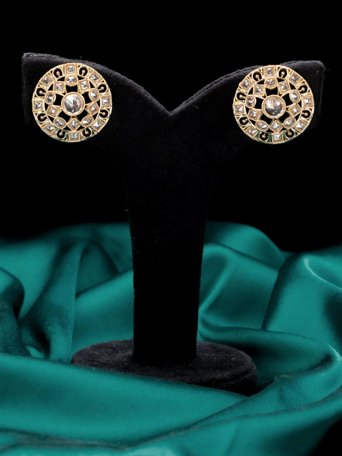 Light weight floral design earrings with white stones in gold finish - Image 2