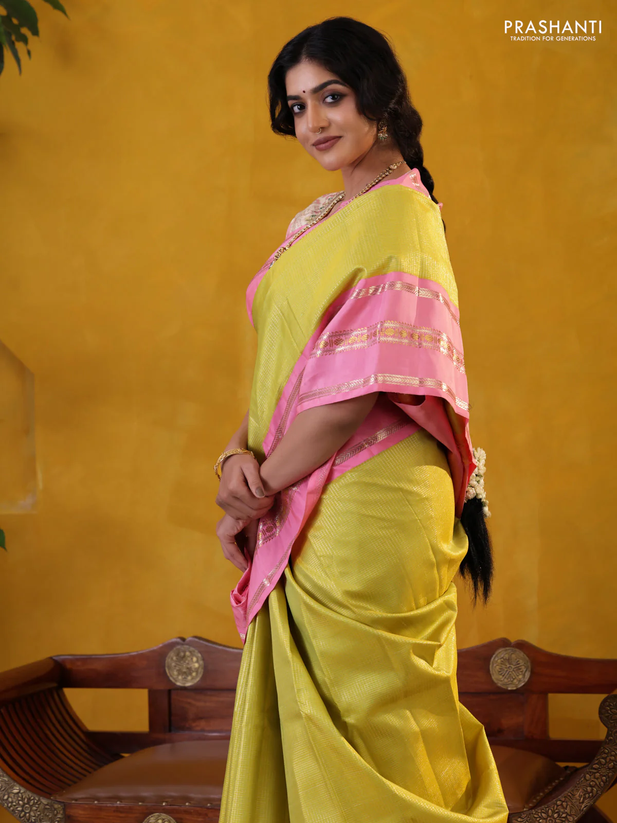 Lime Green-Light Pink Pure Kanchipuram Silk Saree With Allover zari checked Pattern - Image 2