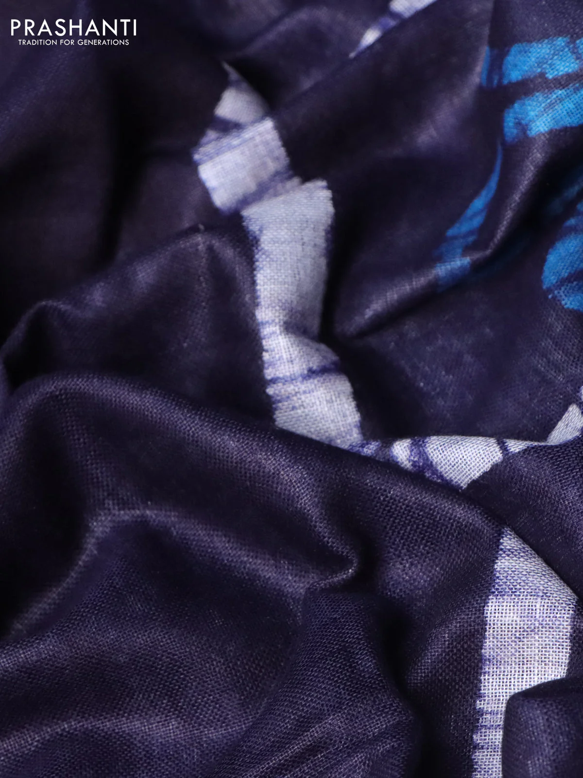 Linen cotton partly saree navy blue with plain body & batik prints and silver zari woven border - Image 8