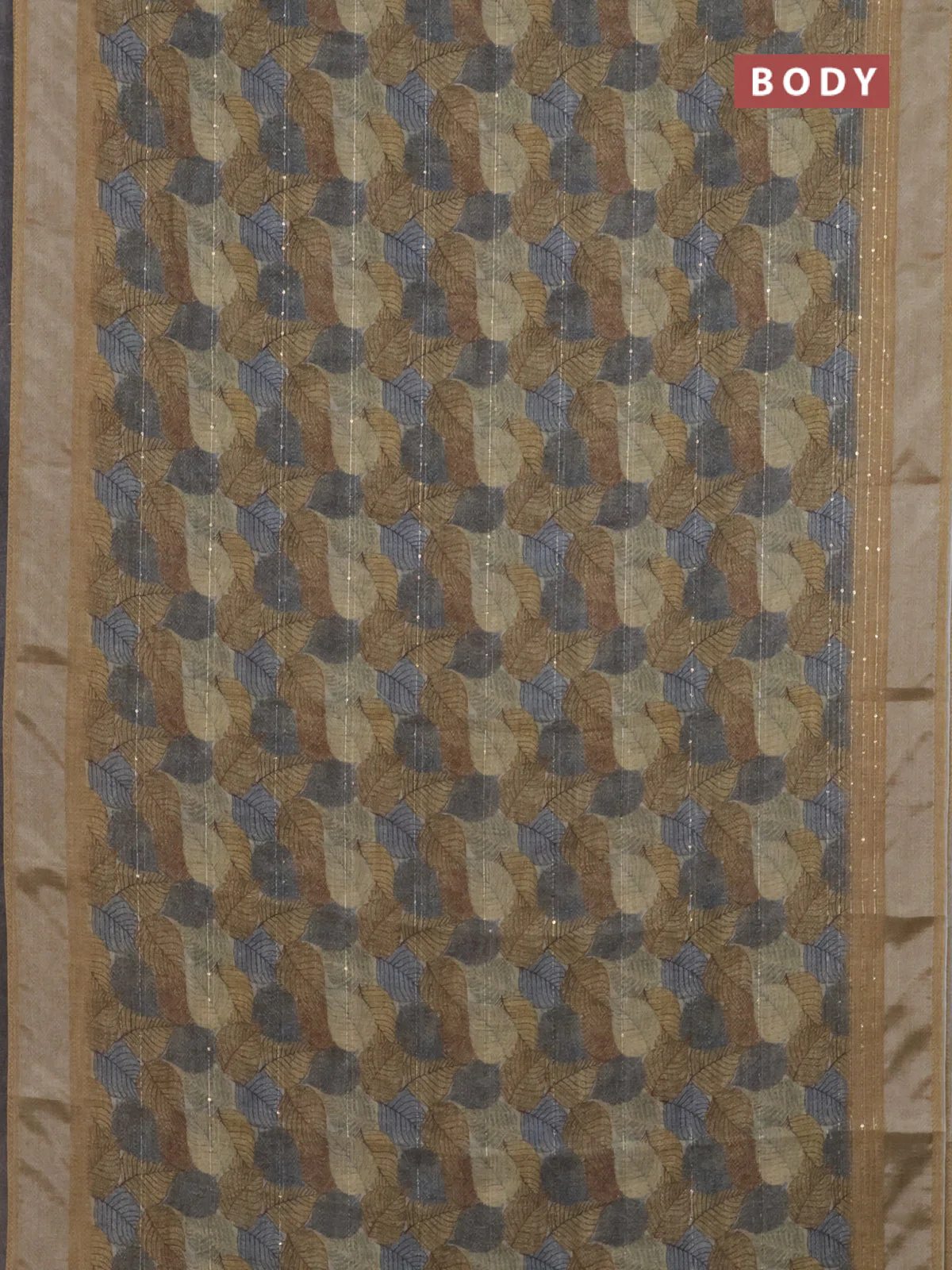Linen cotton saree beige and grey with allover leaf prints & sequin work and silver zari woven border - Image 2