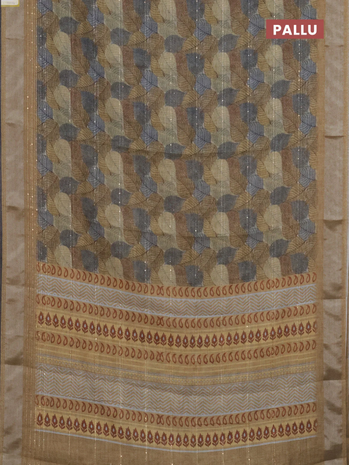 Linen cotton saree beige and grey with allover leaf prints & sequin work and silver zari woven border - Image 3