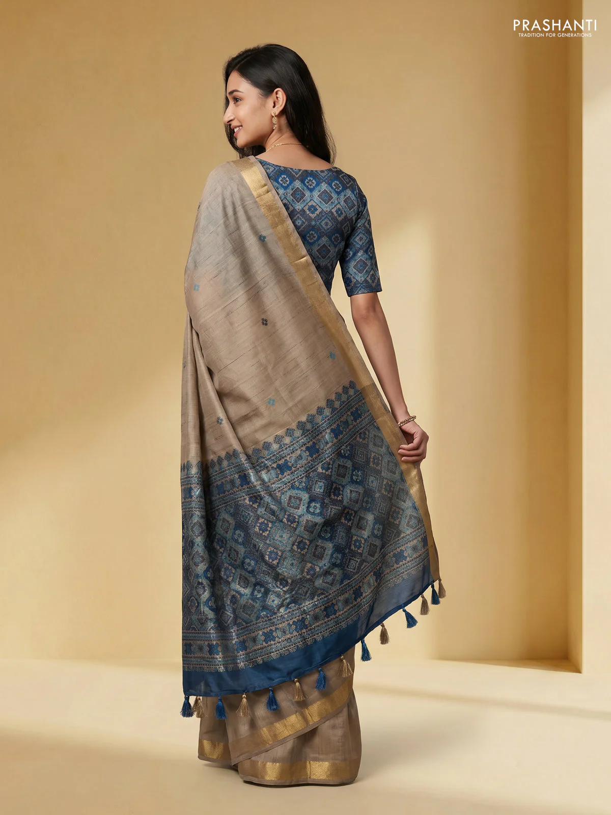 Linen cotton saree beige and light blue with thread woven buttas and patola weaving pallu - Image 2