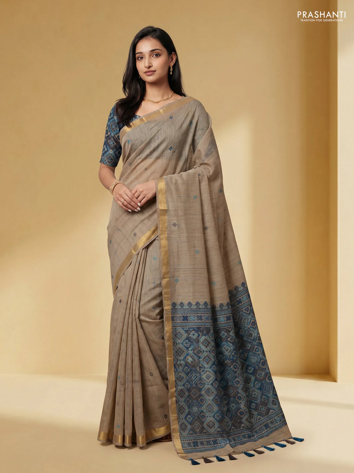 Linen cotton saree beige and light blue with thread woven buttas and patola weaving pallu - Image 3
