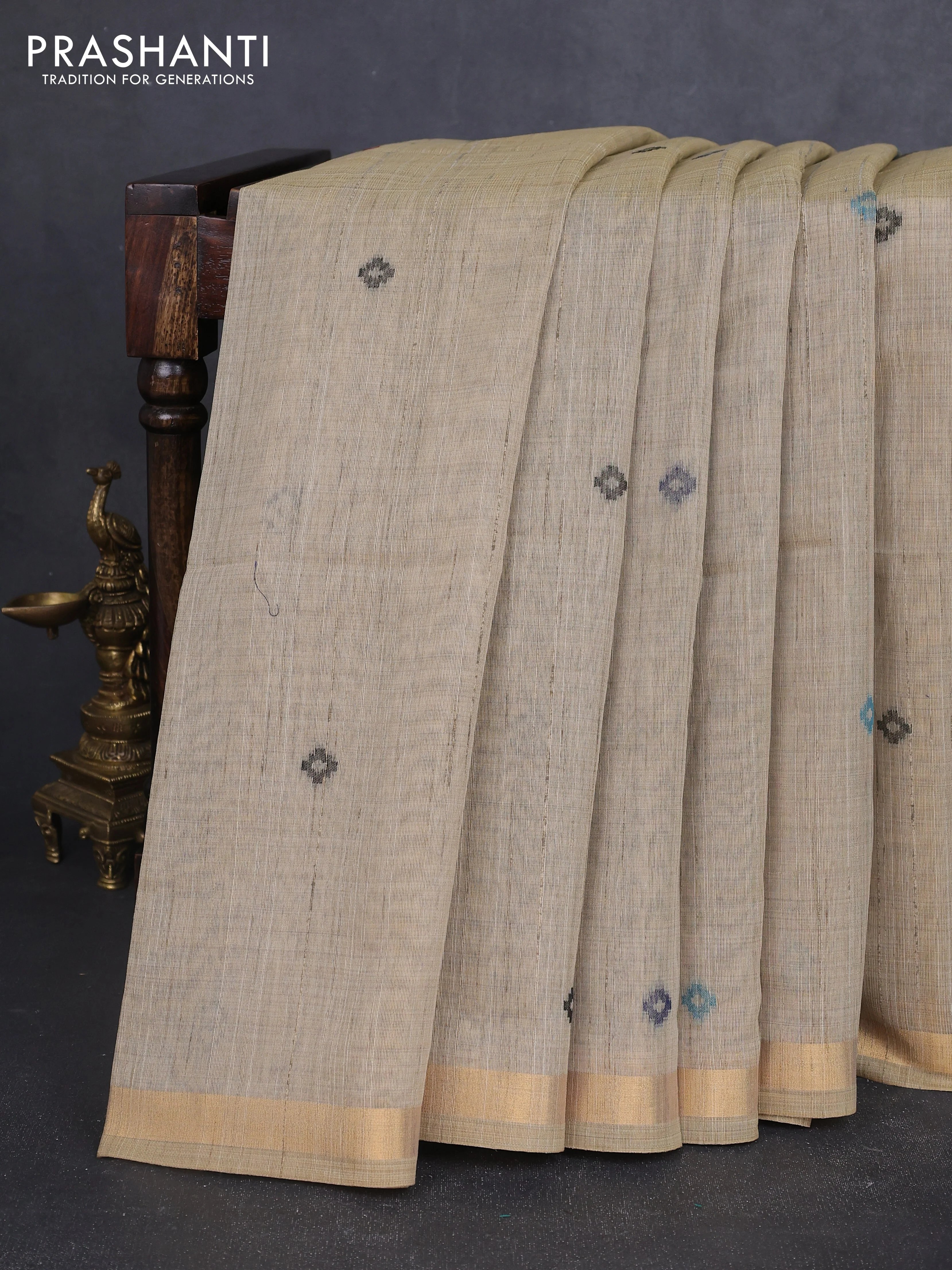 Linen cotton saree beige and light blue with thread woven buttas and patola weaving pallu - Image 4