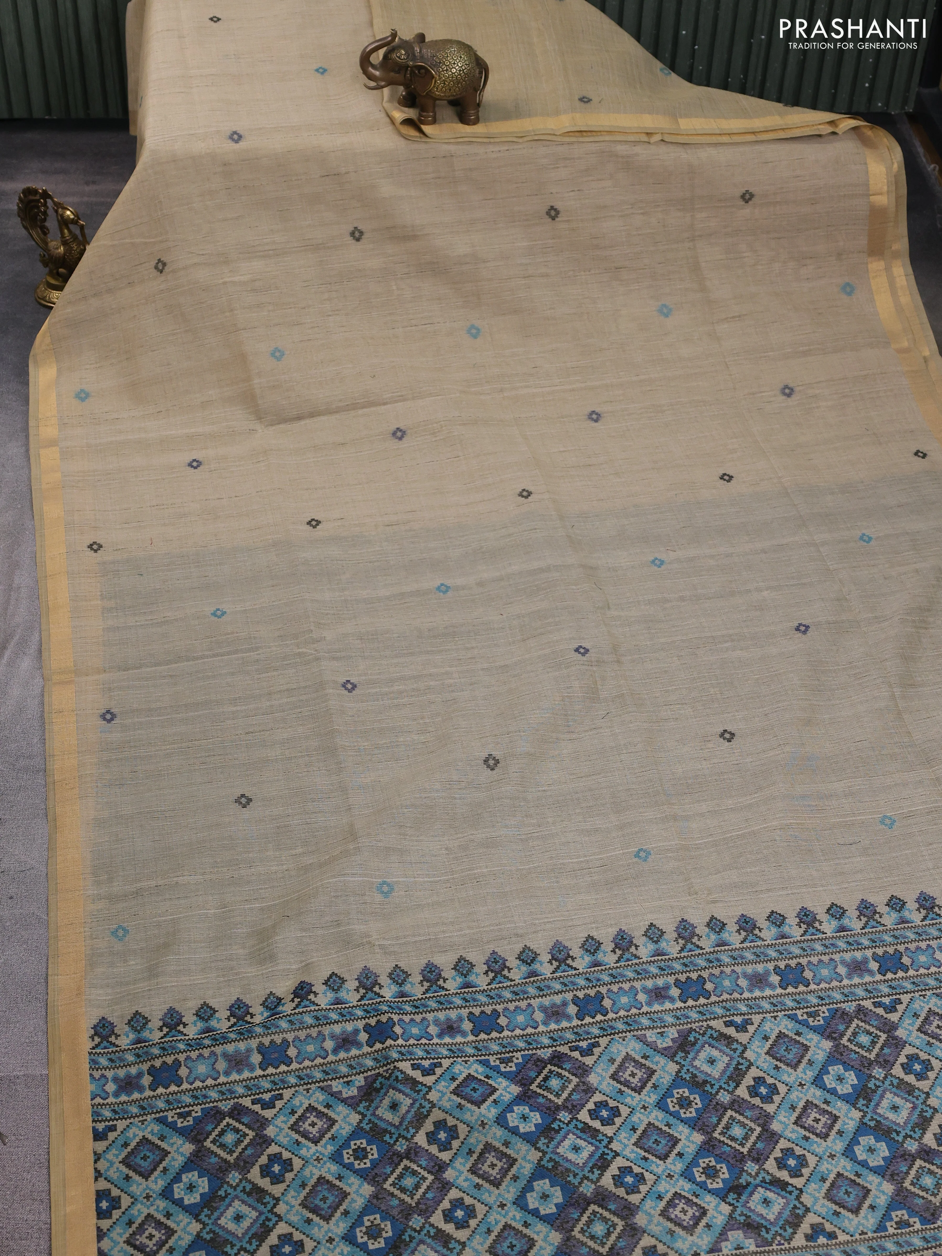 Linen cotton saree beige and light blue with thread woven buttas and patola weaving pallu - Image 5