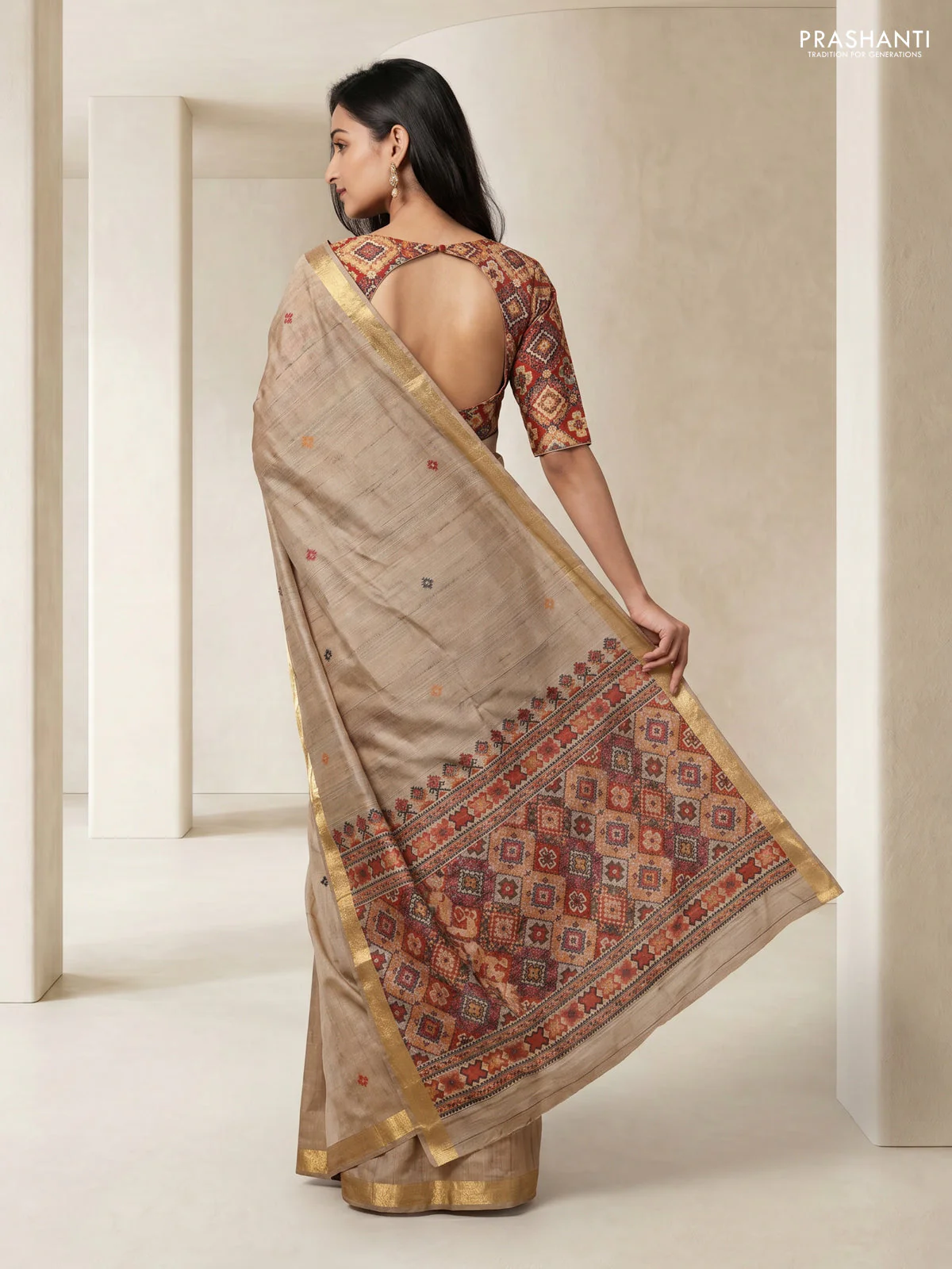 Linen cotton saree beige and orange with thread woven buttas and patola weaving pallu - Image 2