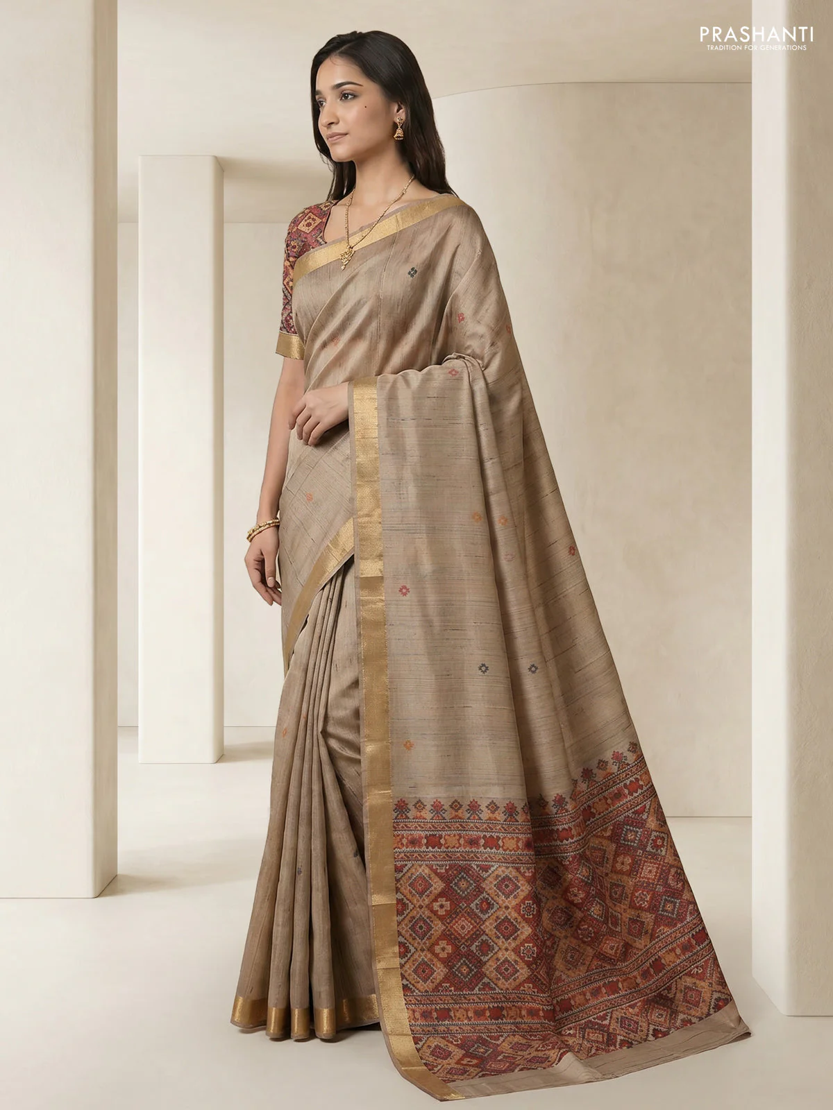 Linen cotton saree beige and orange with thread woven buttas and patola weaving pallu - Image 3