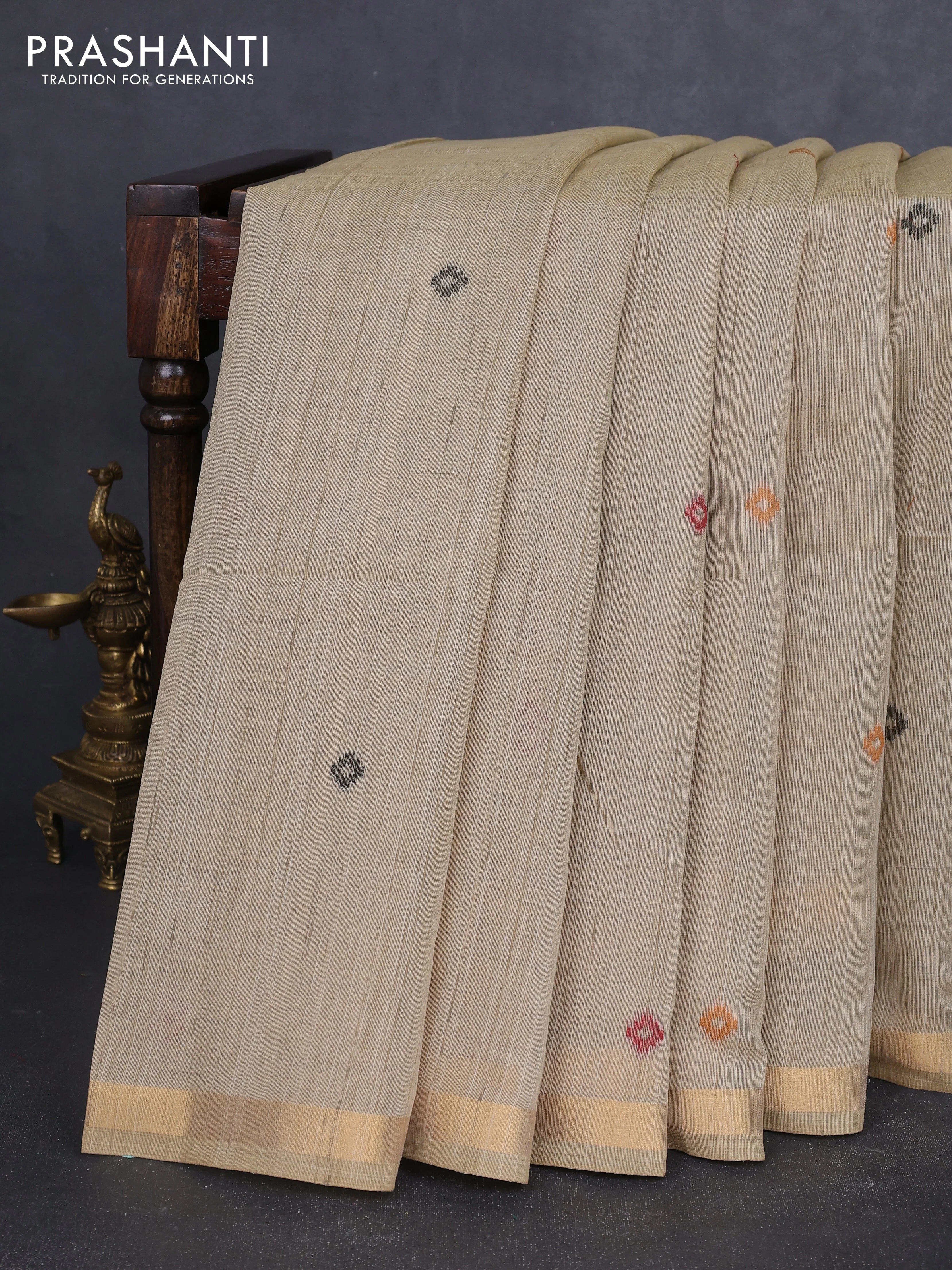 Linen cotton saree beige and orange with thread woven buttas and patola weaving pallu - Image 4