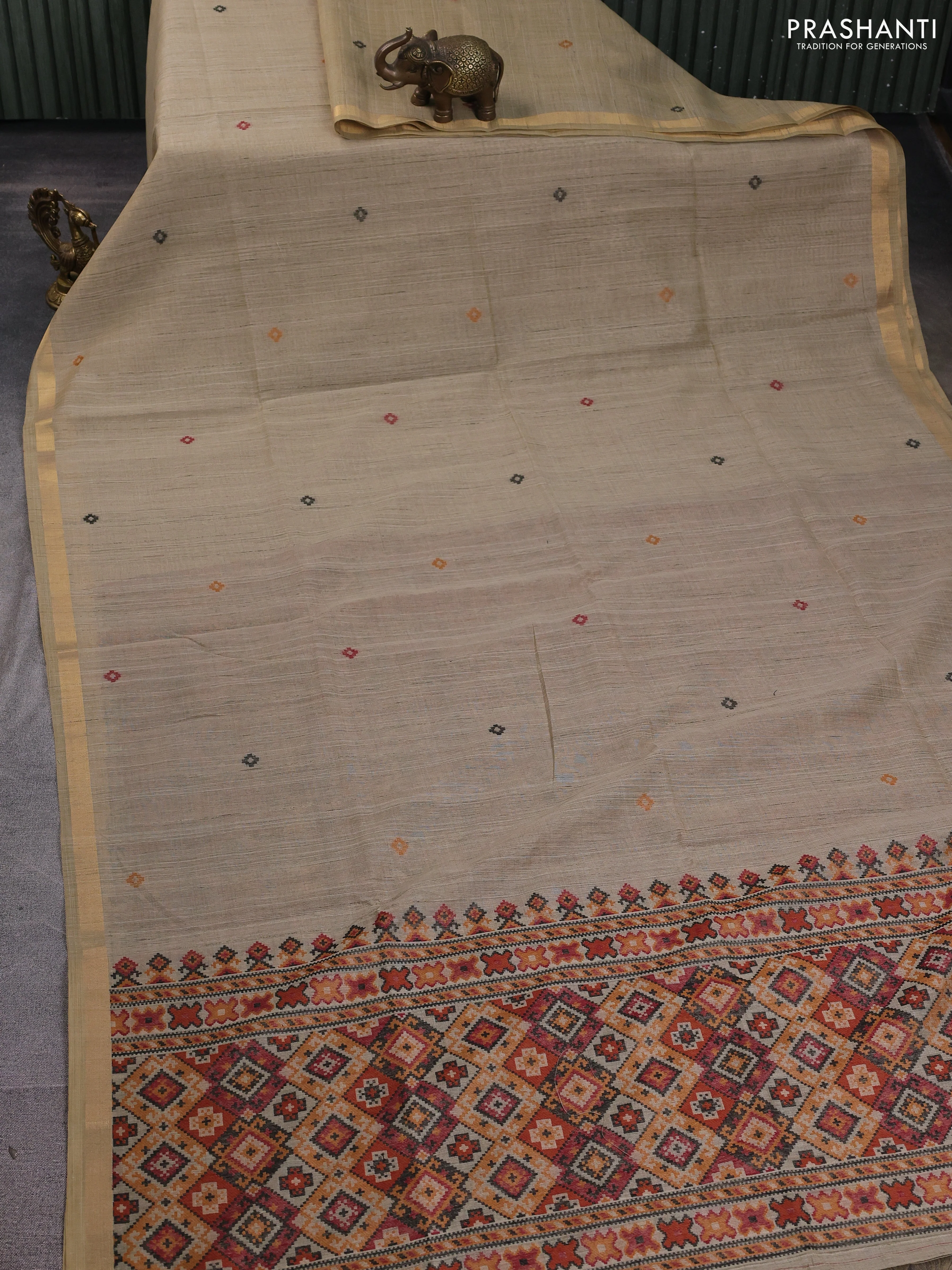 Linen cotton saree beige and orange with thread woven buttas and patola weaving pallu - Image 5