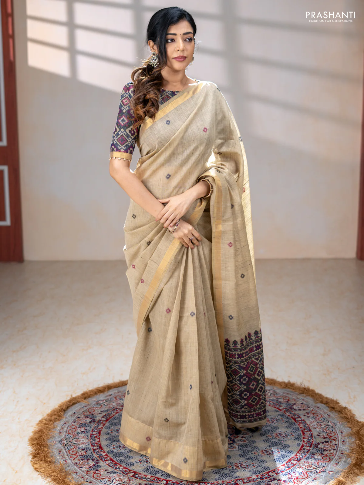 Linen cotton saree beige and purple blue with thread woven buttas and patola weaving pallu - Image 2