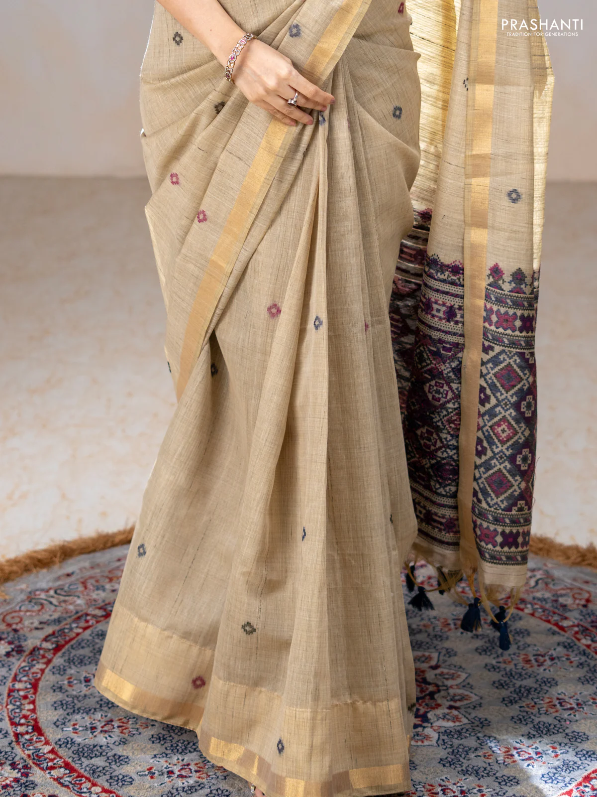 Linen cotton saree beige and purple blue with thread woven buttas and patola weaving pallu - Image 3