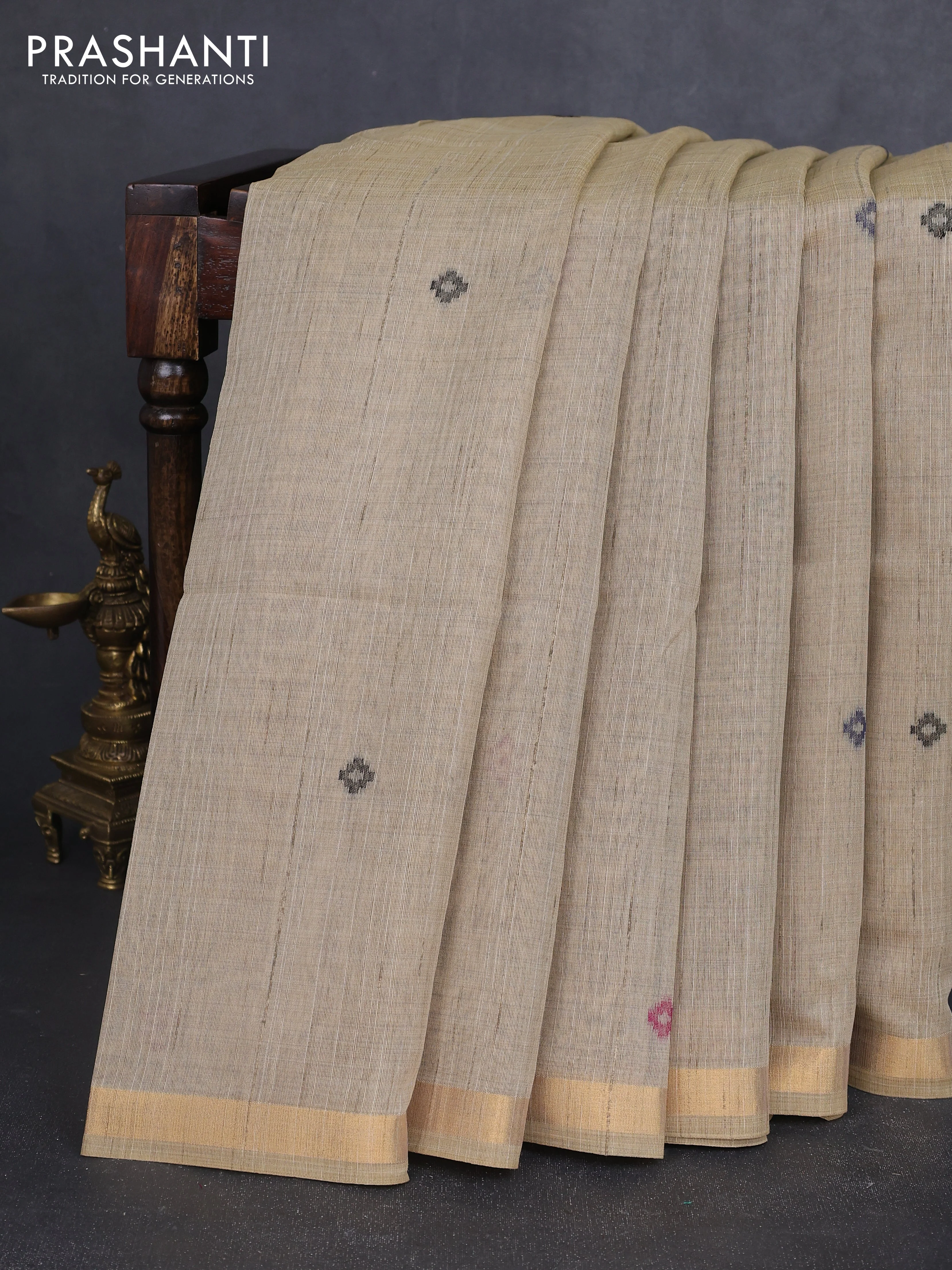 Linen cotton saree beige and purple blue with thread woven buttas and patola weaving pallu - Image 5
