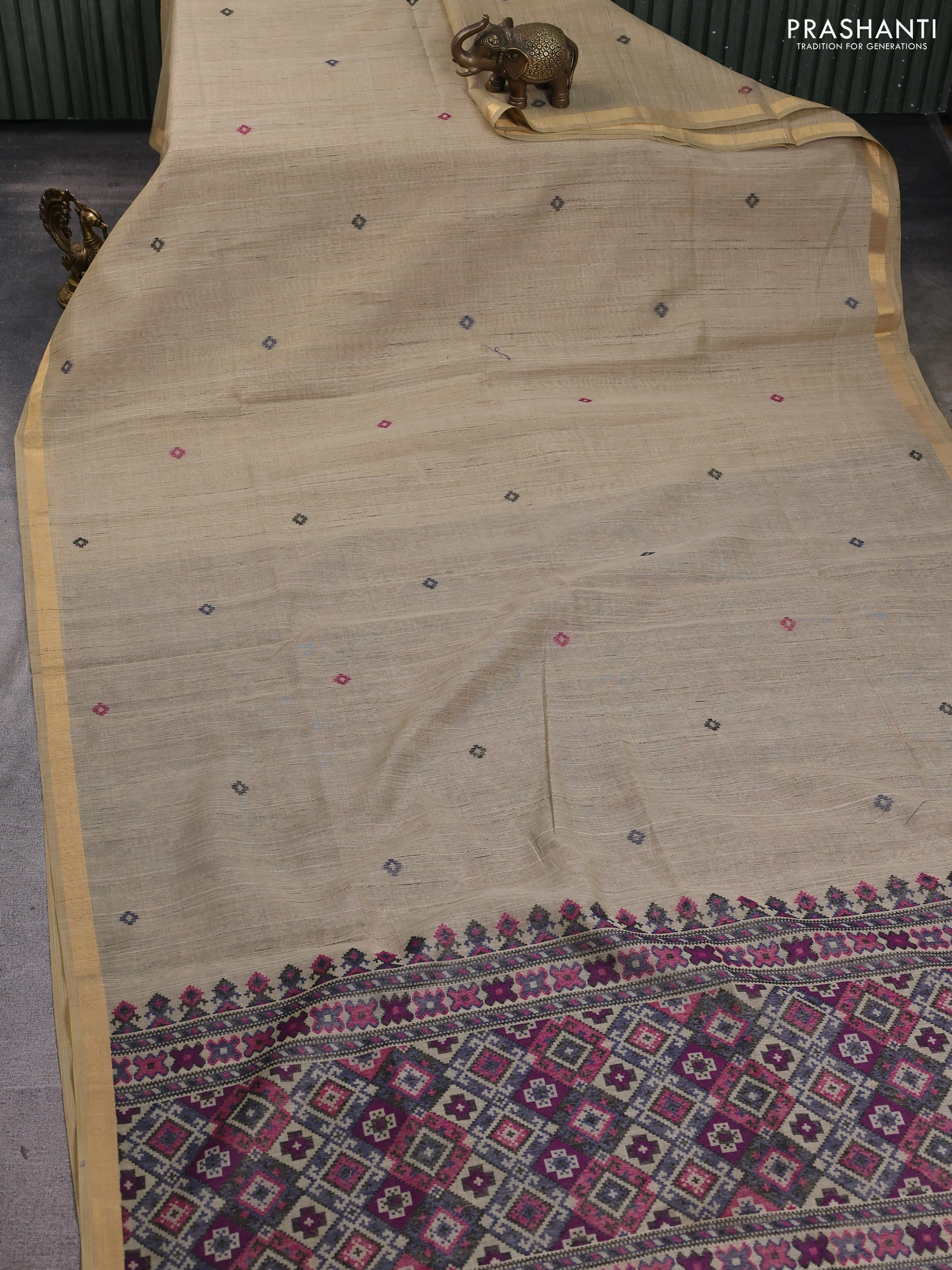 Linen cotton saree beige and purple blue with thread woven buttas and patola weaving pallu - Image 6