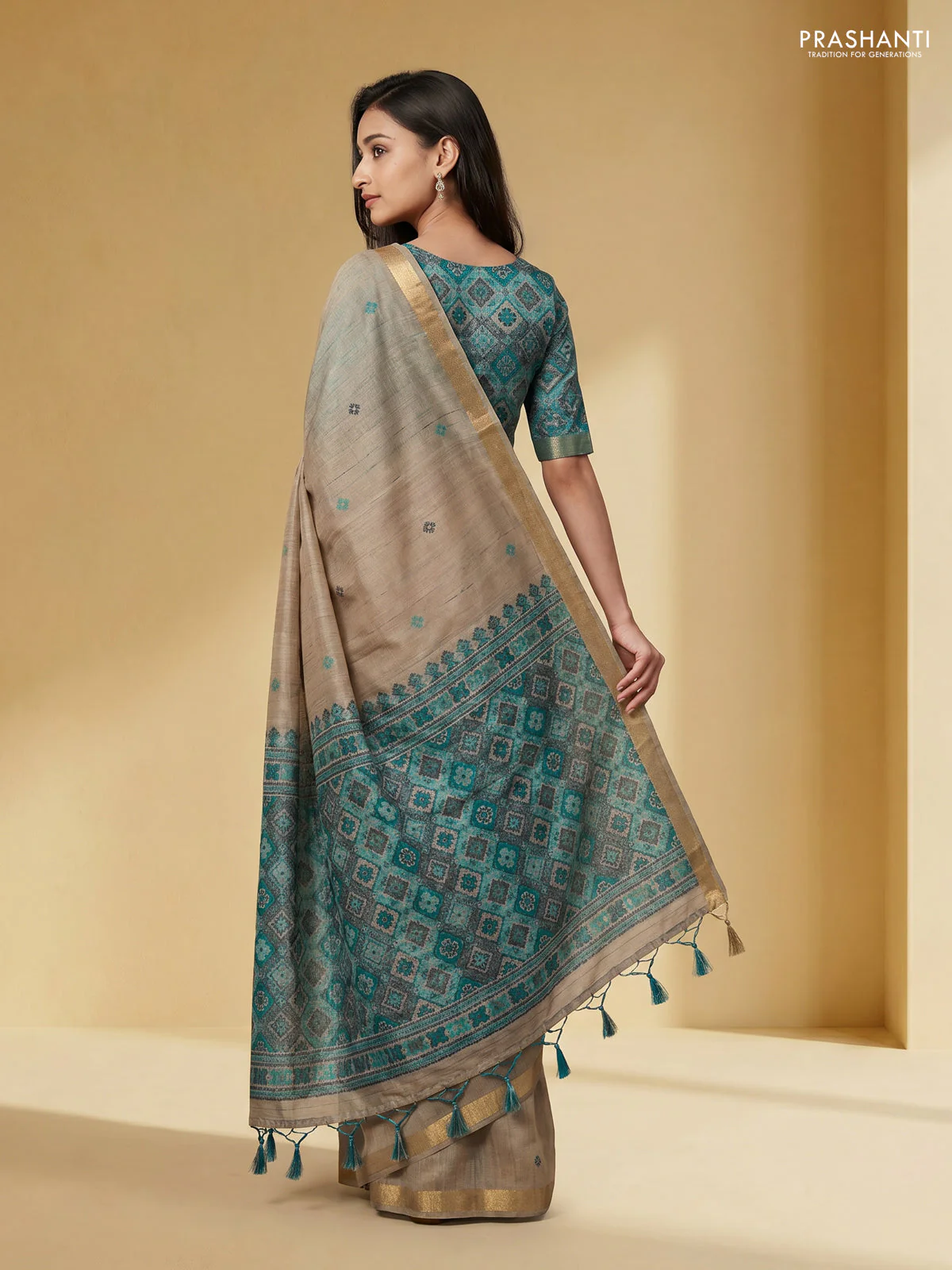 Linen cotton saree beige and teal green with thread woven buttas and patola weaving pallu - Image 2