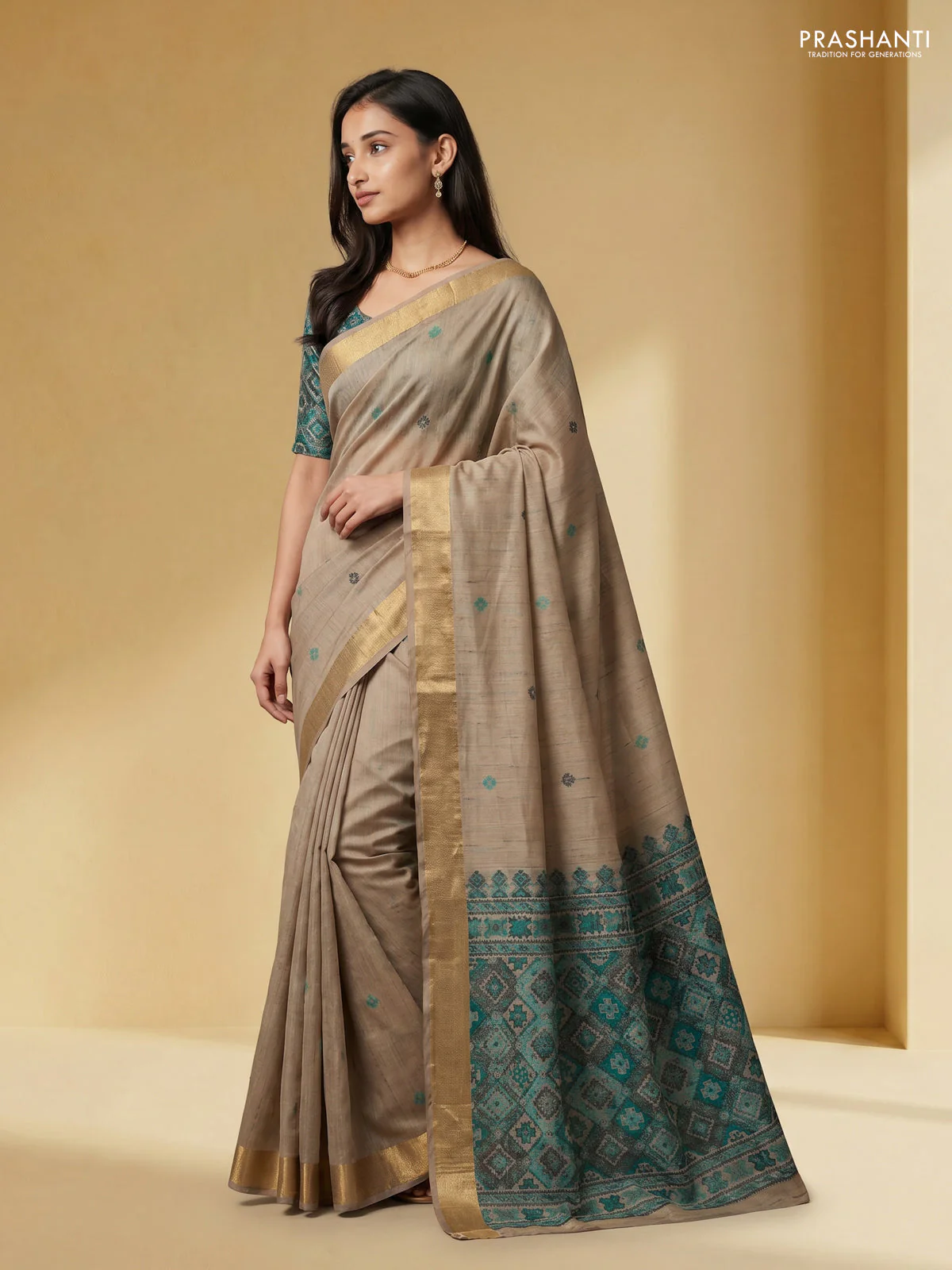 Linen cotton saree beige and teal green with thread woven buttas and patola weaving pallu - Image 3