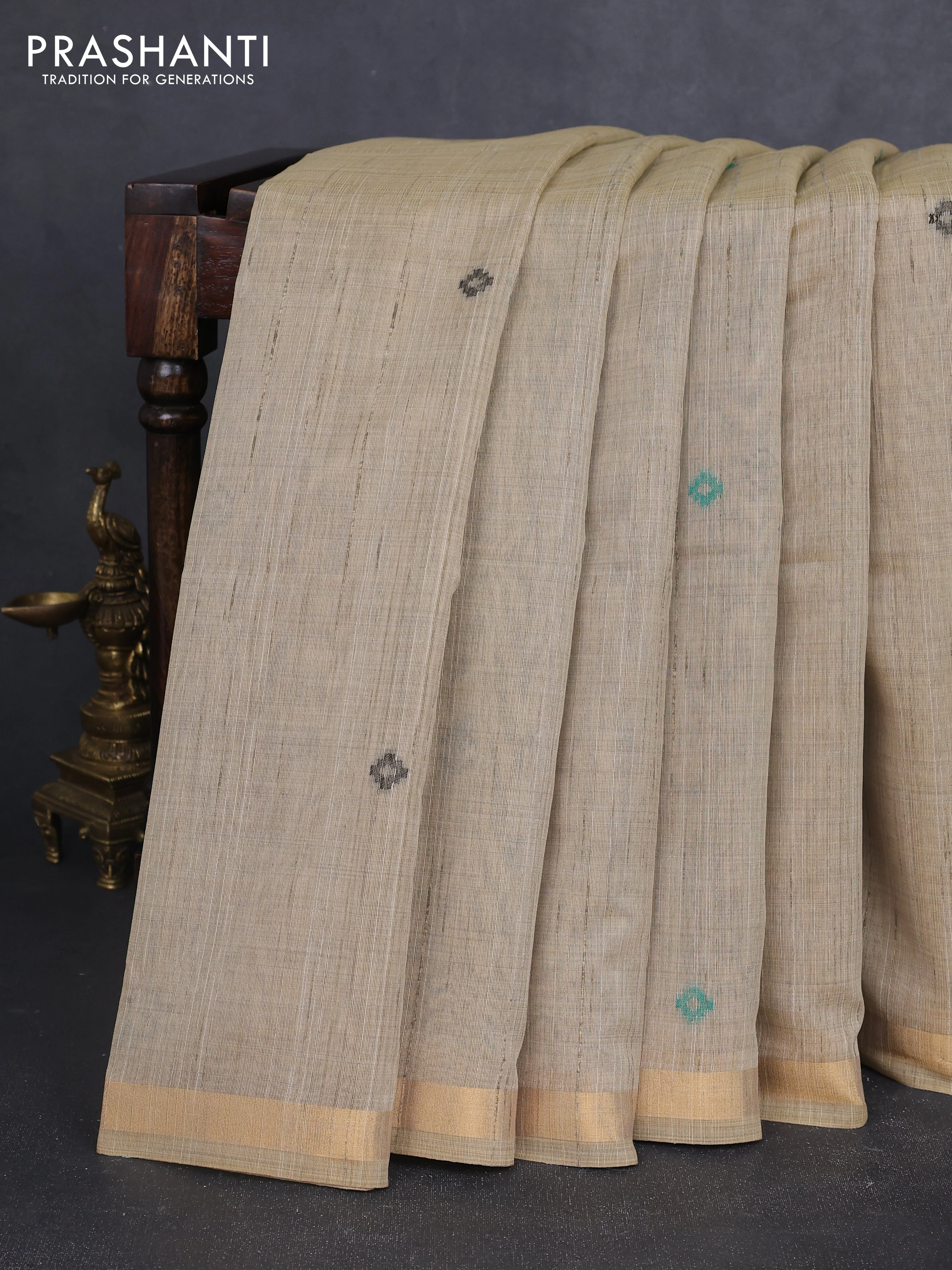 Linen cotton saree beige and teal green with thread woven buttas and patola weaving pallu - Image 4