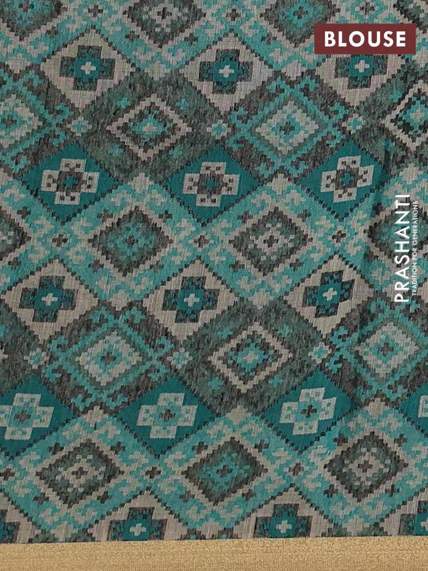 Linen cotton saree beige and teal green with thread woven buttas and patola weaving pallu - Image 6