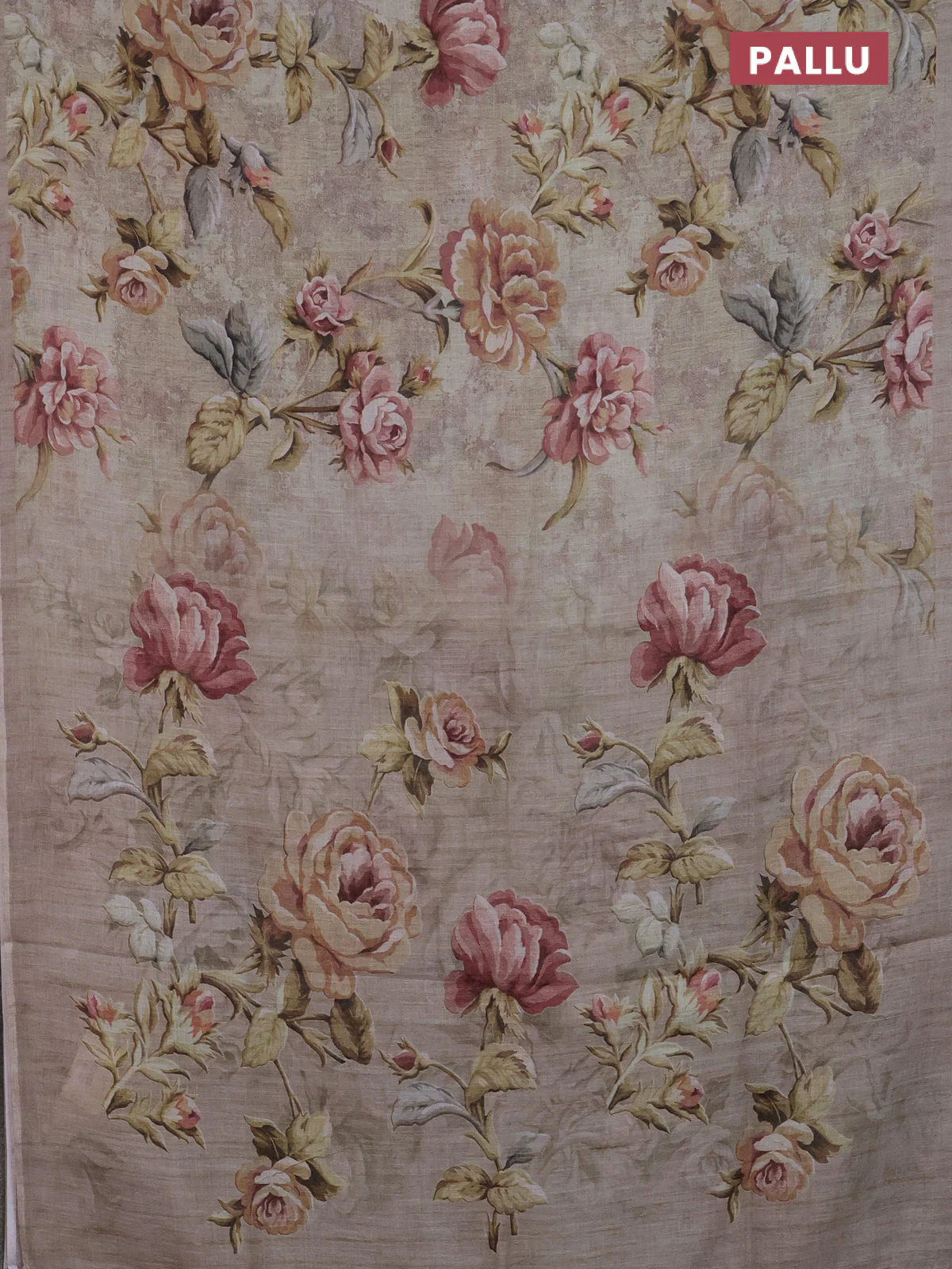 Linen cotton saree beige with allover floral digital prints and simple border - Image 3