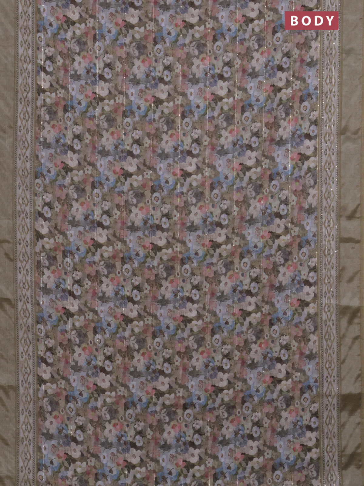 Linen cotton saree beige with allover floral prints & sequin work and silver zari woven border - Image 2