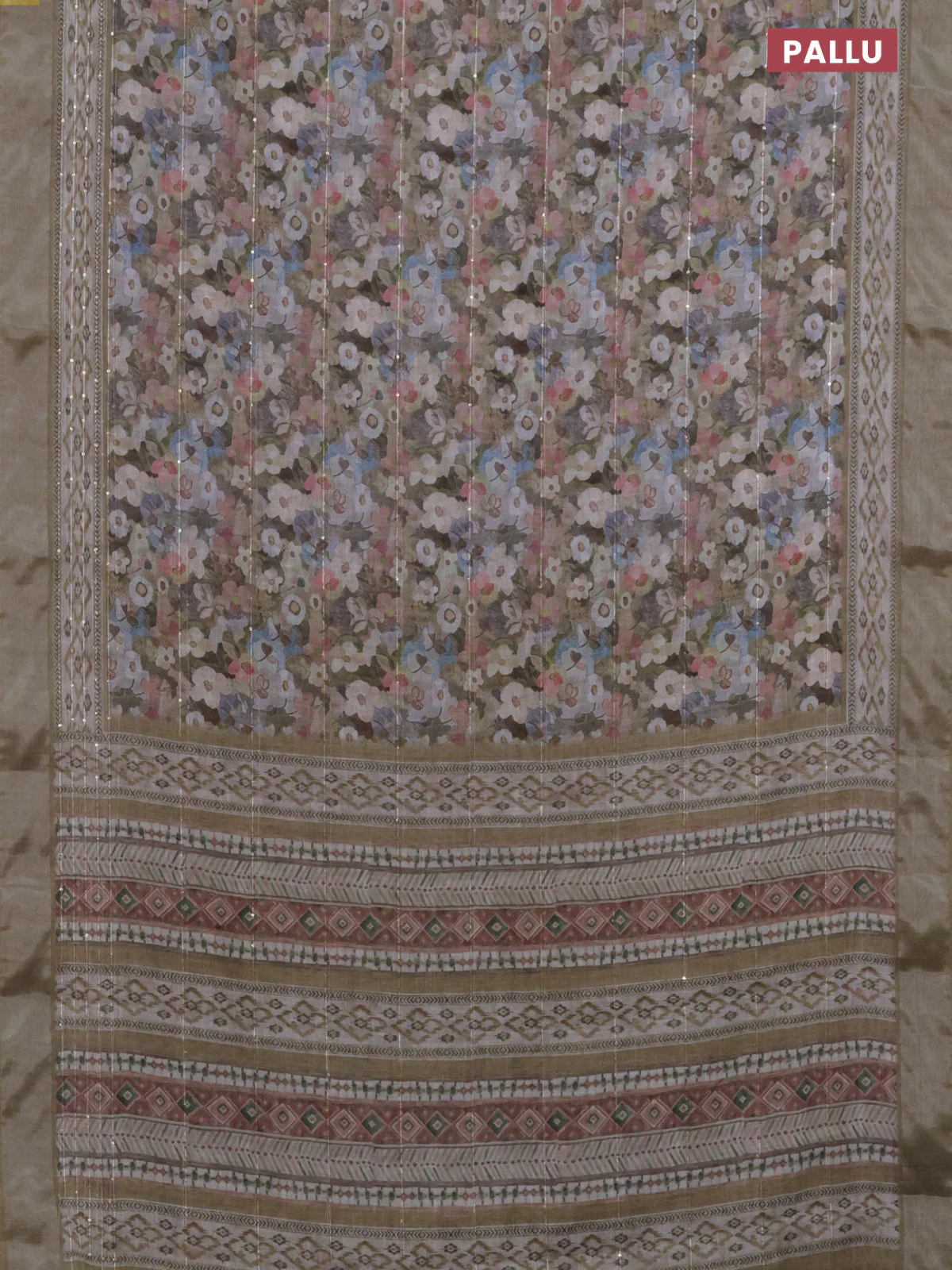 Linen cotton saree beige with allover floral prints & sequin work and silver zari woven border - Image 3