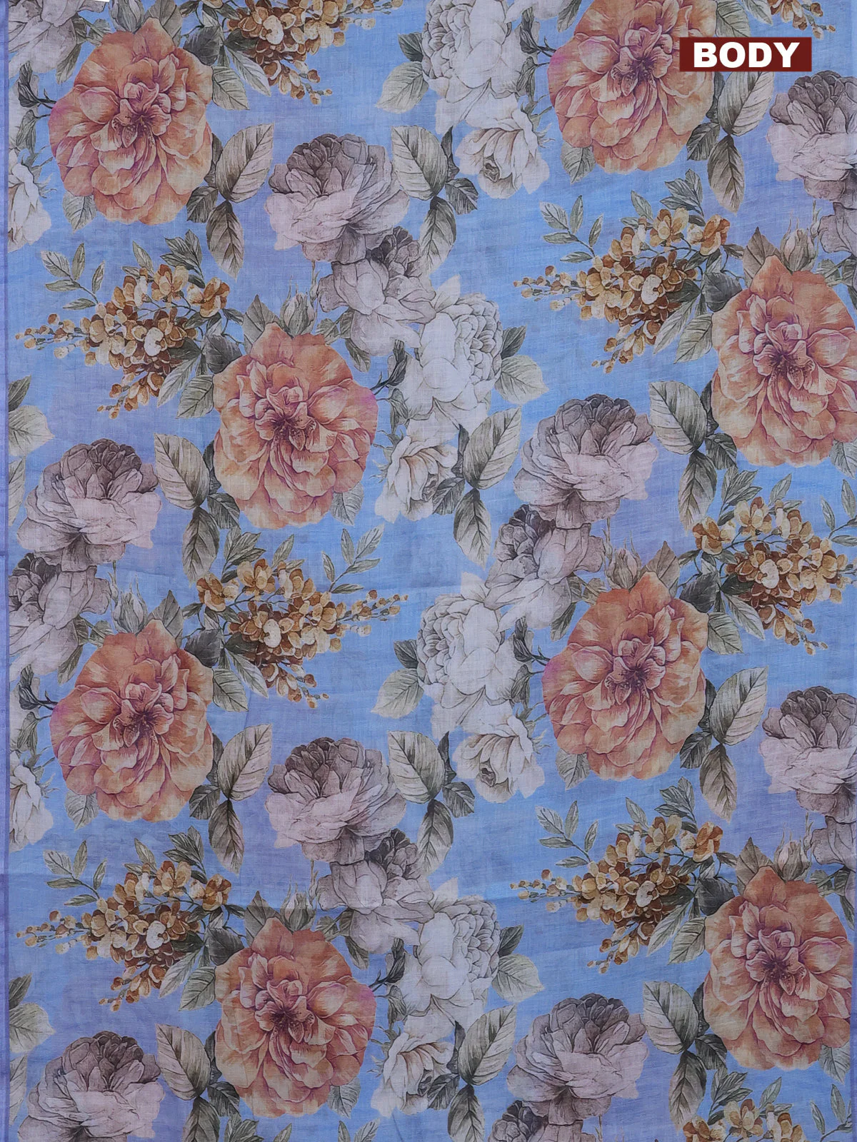 Linen cotton saree blue shade with allover floral digital prints and simple border - Image 2