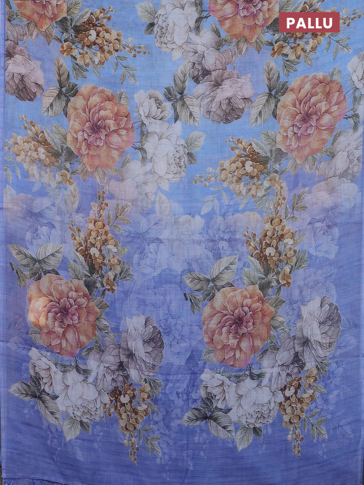 Linen cotton saree blue shade with allover floral digital prints and simple border - Image 3