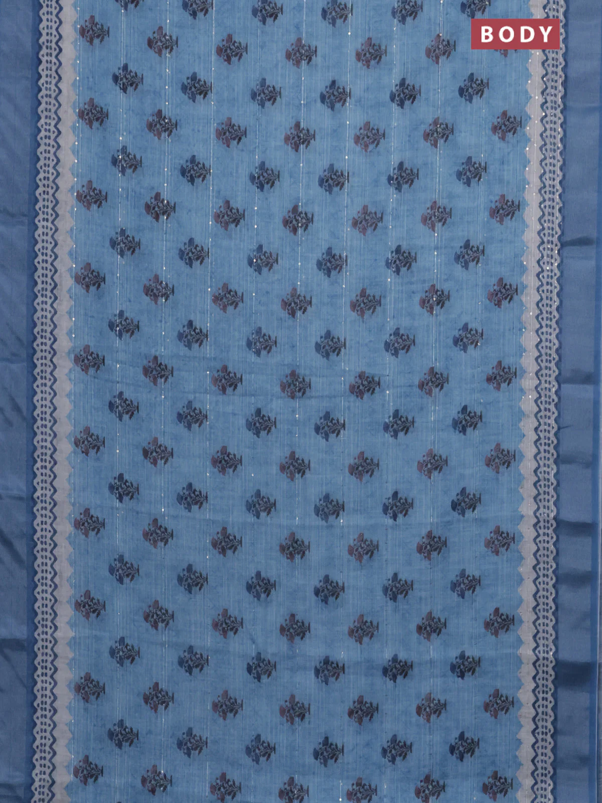 Linen cotton saree blue shade with floral butta prints & sequin work and silver zari woven border - Image 2