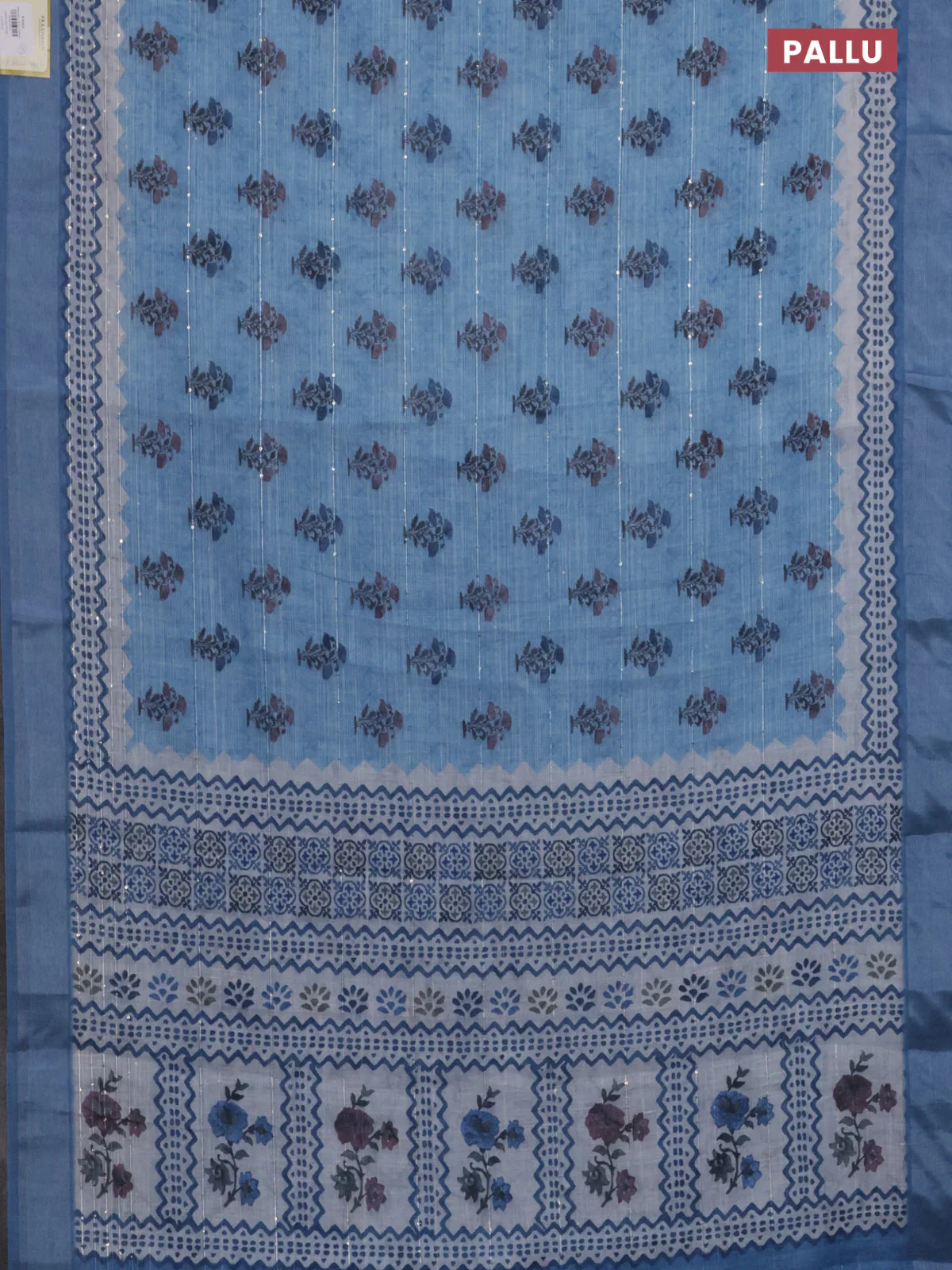 Linen cotton saree blue shade with floral butta prints & sequin work and silver zari woven border - Image 3