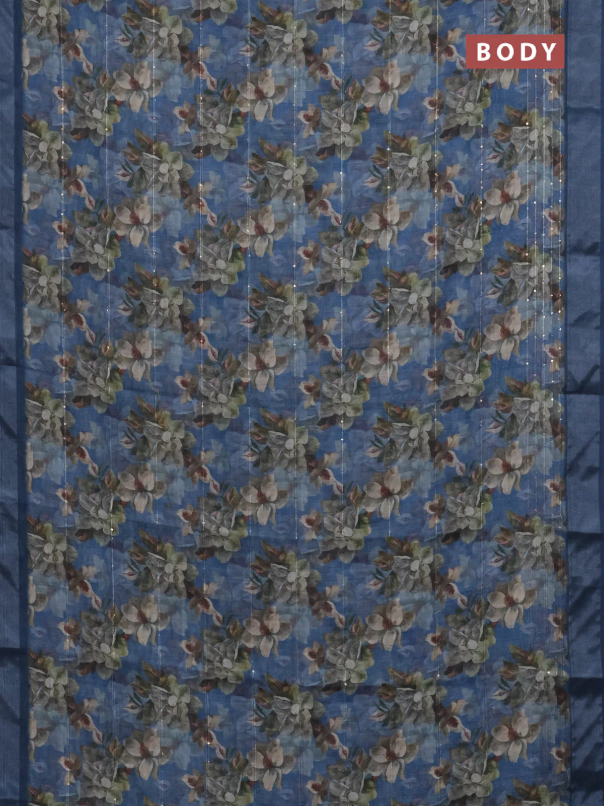 Linen cotton saree blue with floral prints & sequin work and silver zari woven border - Image 2