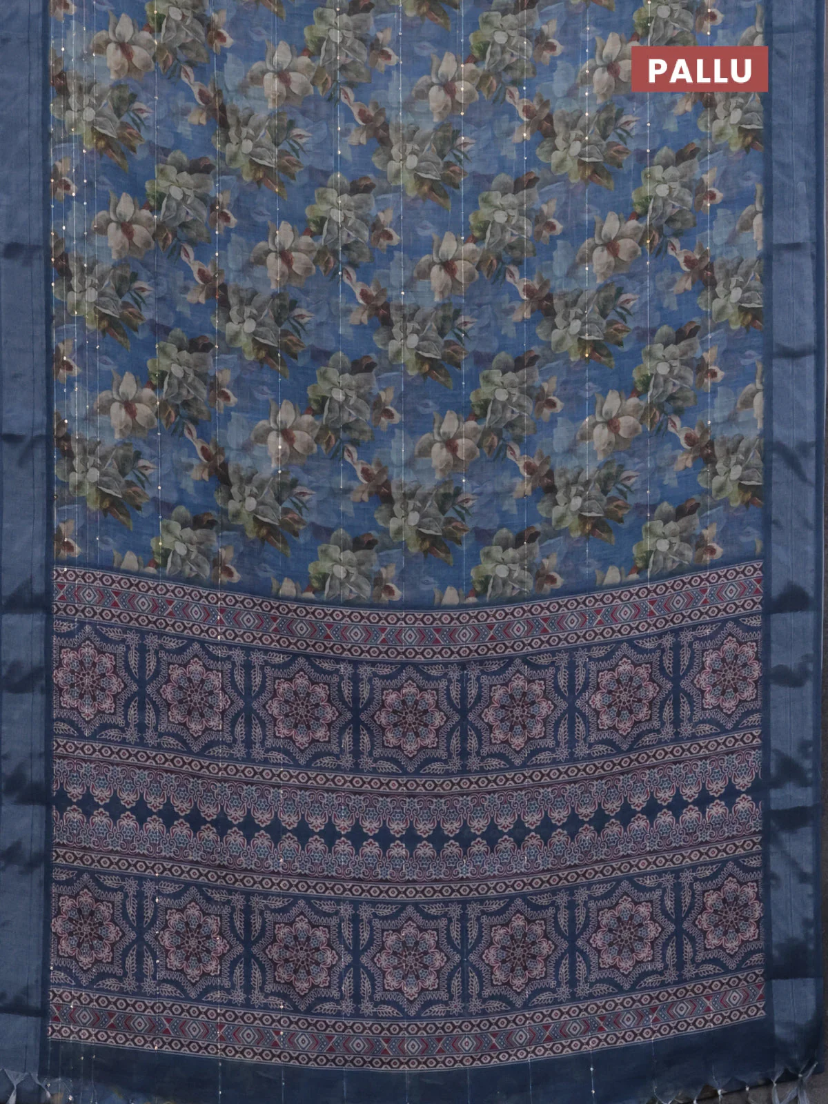 Linen cotton saree blue with floral prints & sequin work and silver zari woven border - Image 3