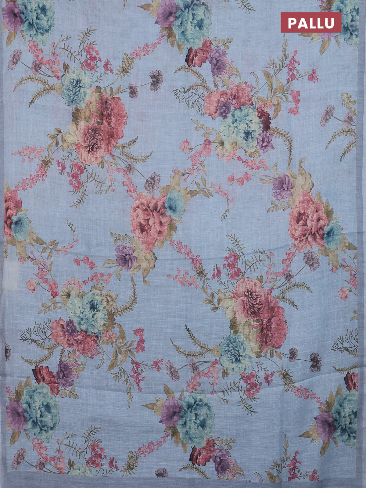 Linen cotton saree bluish grey with allover floral digital prints and simple border - Image 3