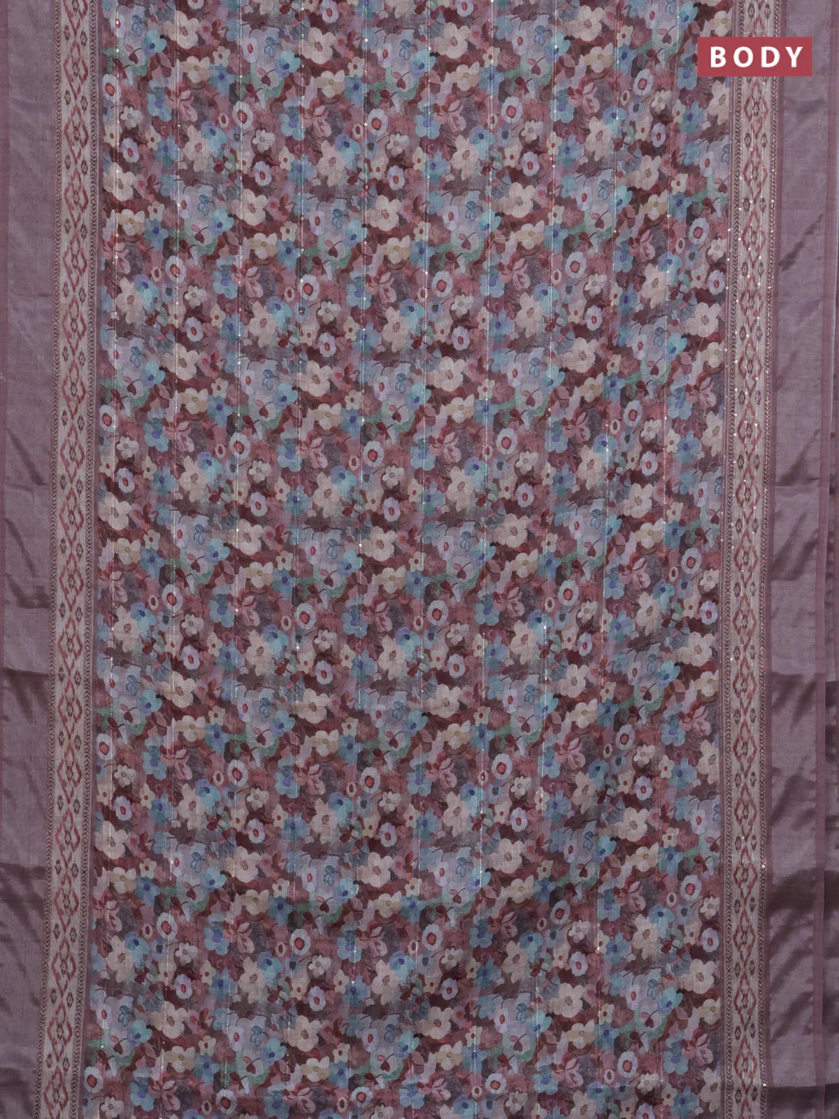 Linen cotton saree brown shade with allover floral prints & sequin work and silver zari woven border - Image 2