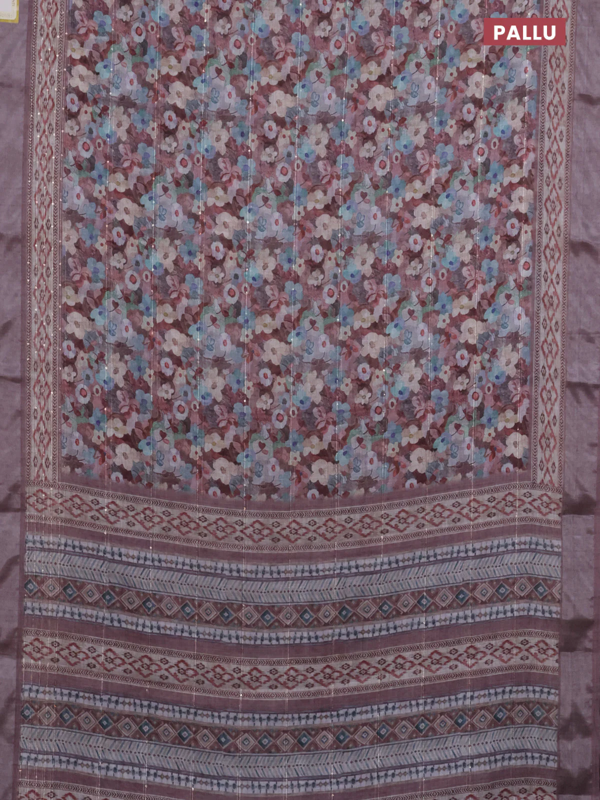 Linen cotton saree brown shade with allover floral prints & sequin work and silver zari woven border - Image 3
