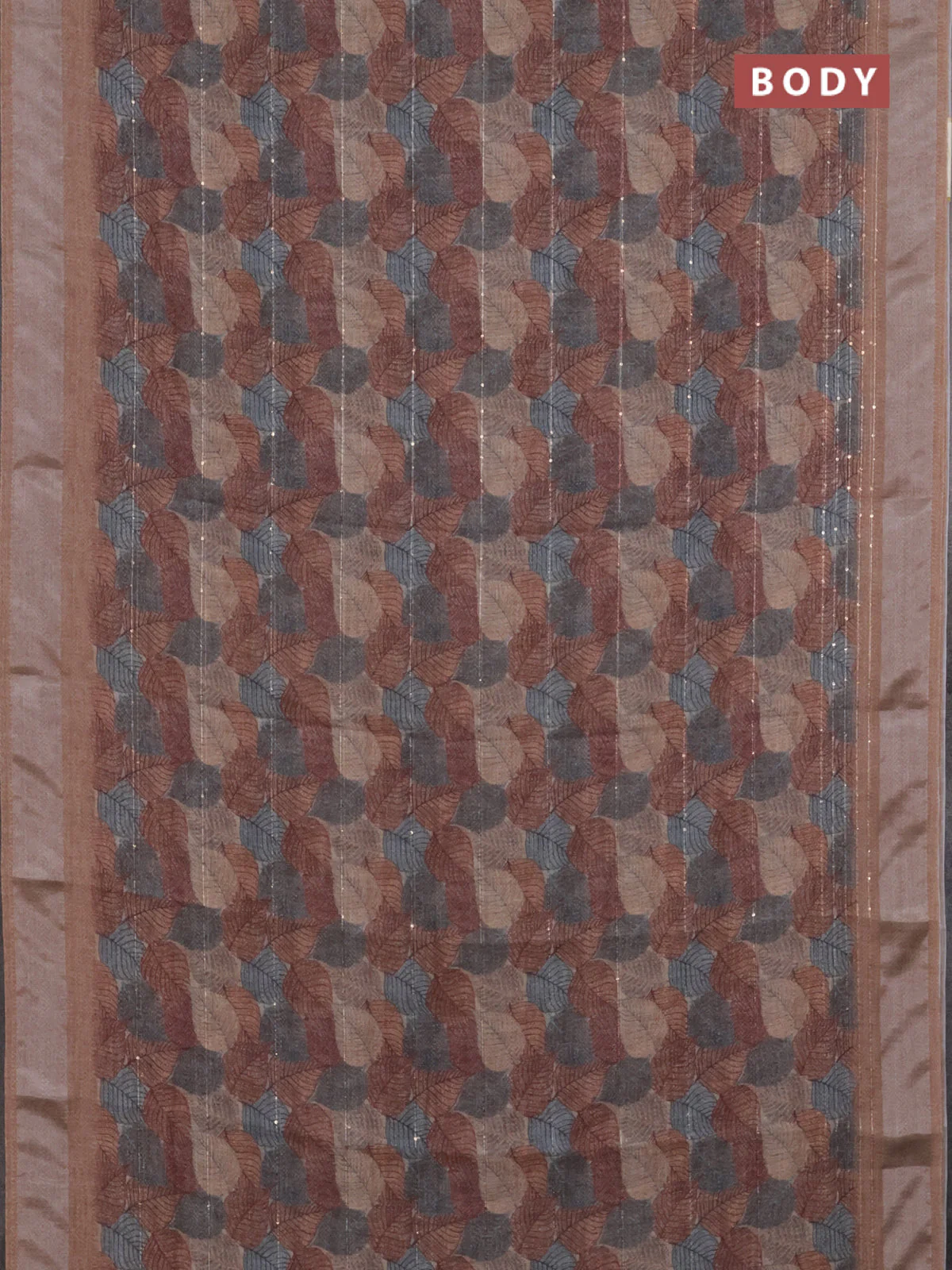 Linen cotton saree brown shade with allover leaf prints & sequin work and silver zari woven border - Image 2