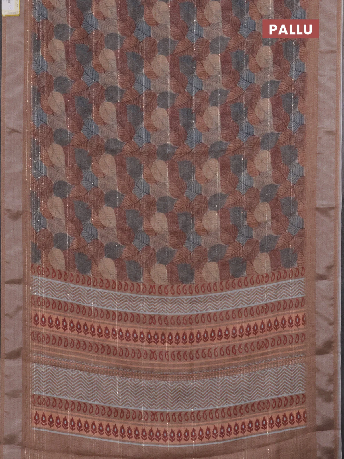 Linen cotton saree brown shade with allover leaf prints & sequin work and silver zari woven border - Image 3