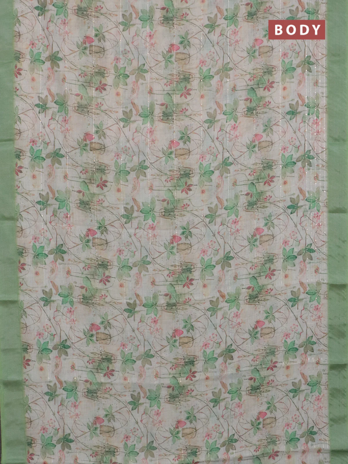 Linen cotton saree ccream and green with allover floral pirnts & sequin work and silver zari woven border - Image 2