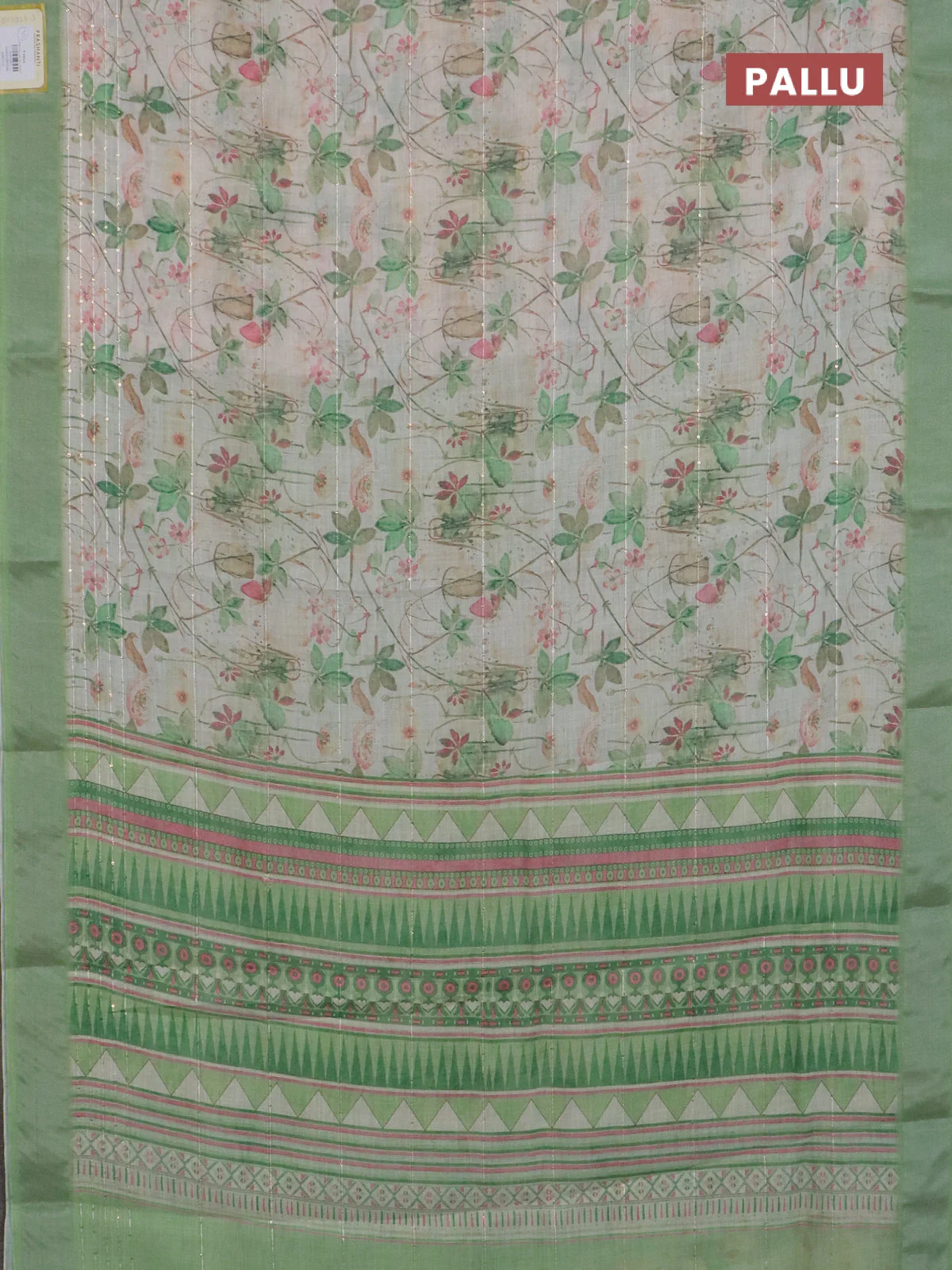 Linen cotton saree ccream and green with allover floral pirnts & sequin work and silver zari woven border - Image 3