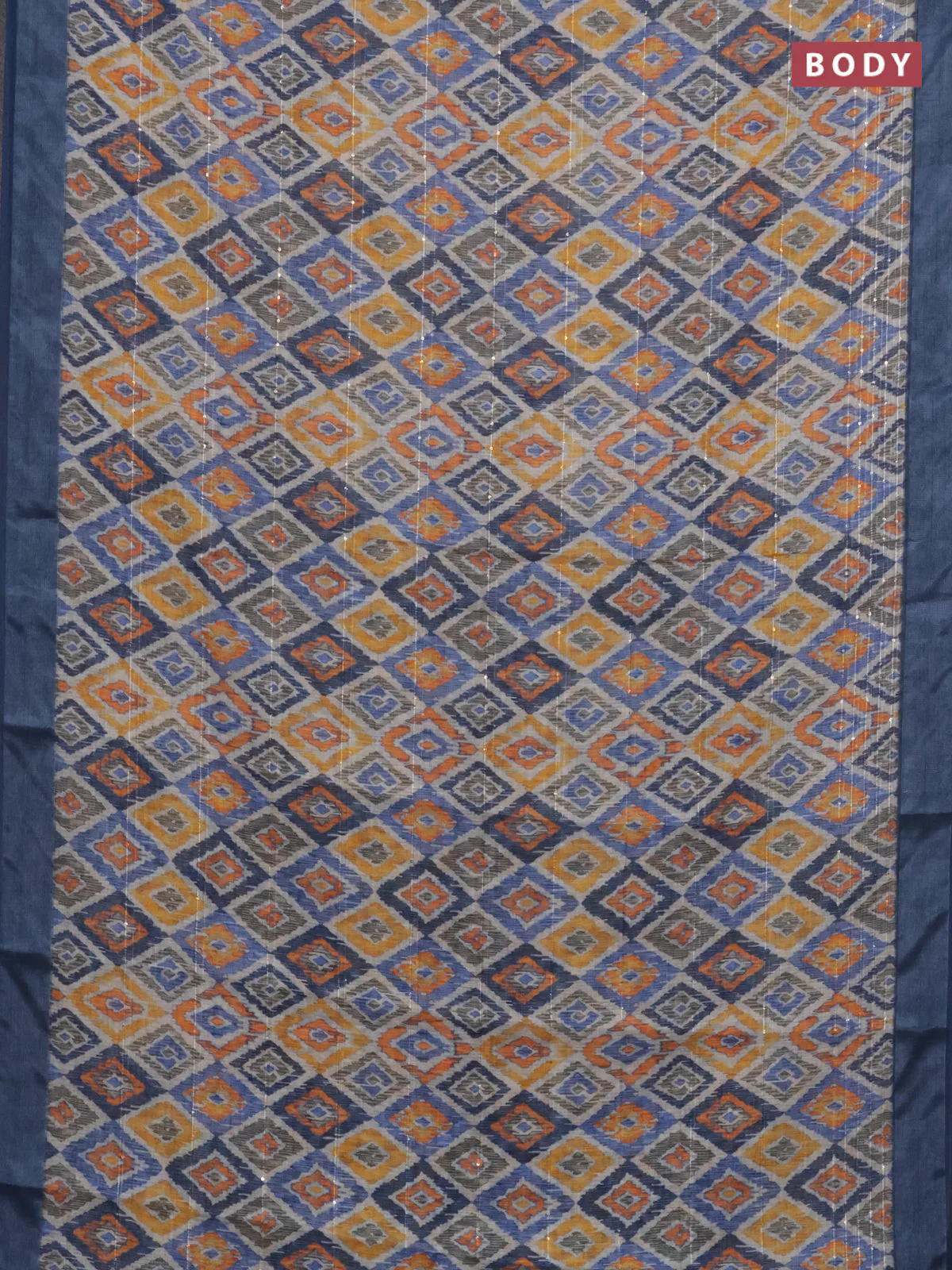 Linen cotton saree cream and beige with floral prints & sequin work and silver zari woven border - Image 2