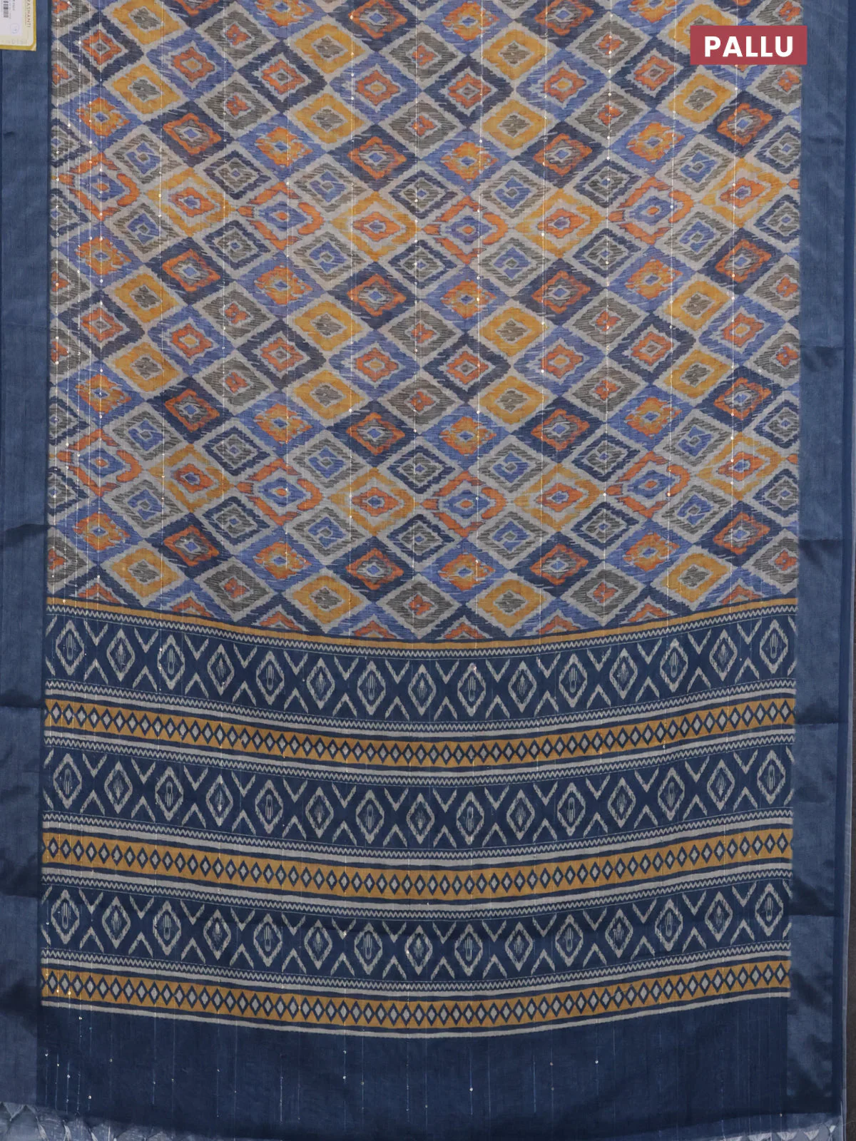 Linen cotton saree cream and beige with floral prints & sequin work and silver zari woven border - Image 3