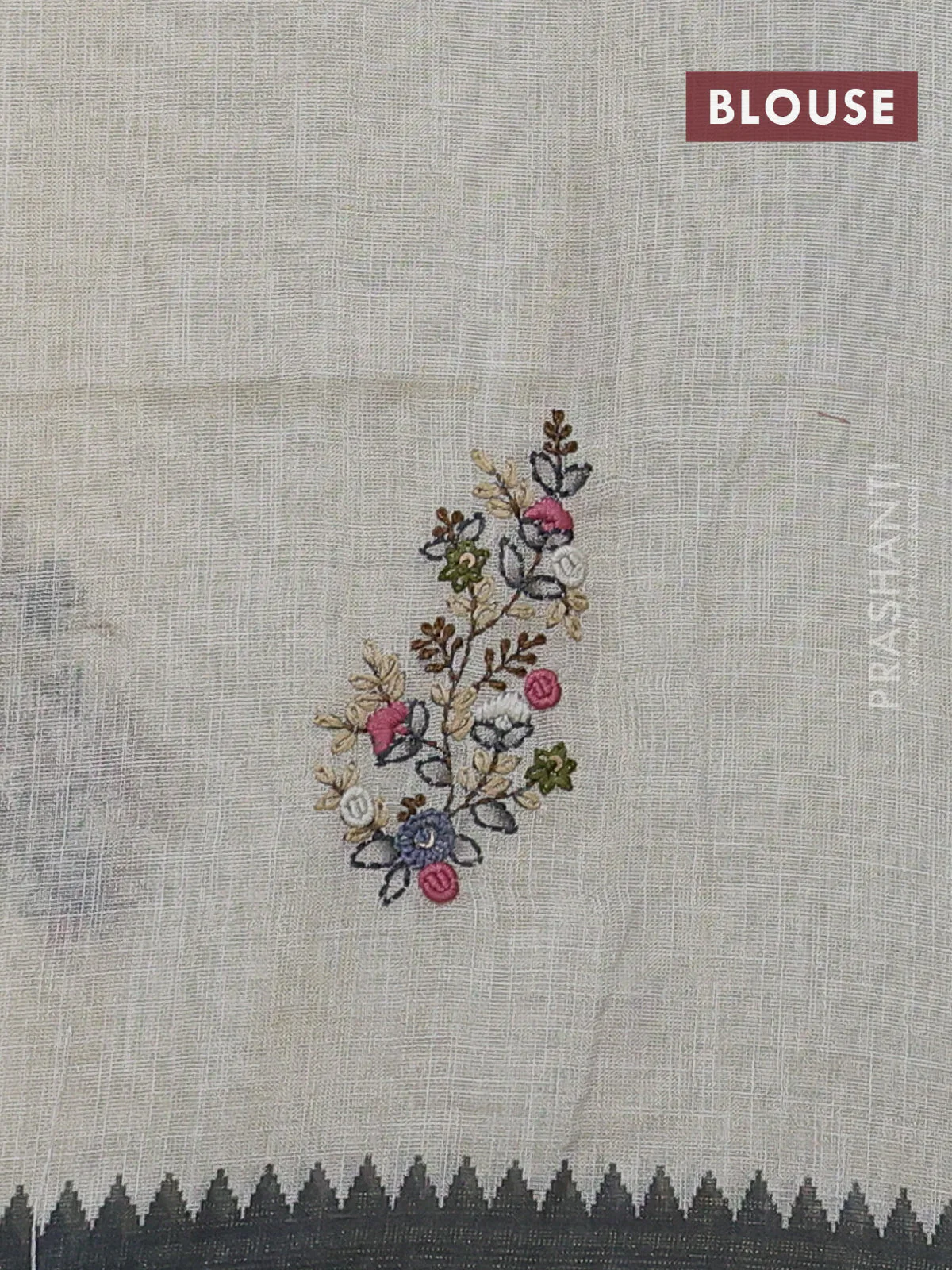 Linen cotton saree cream and black with kantha stitch work and zari woven border - Image 3