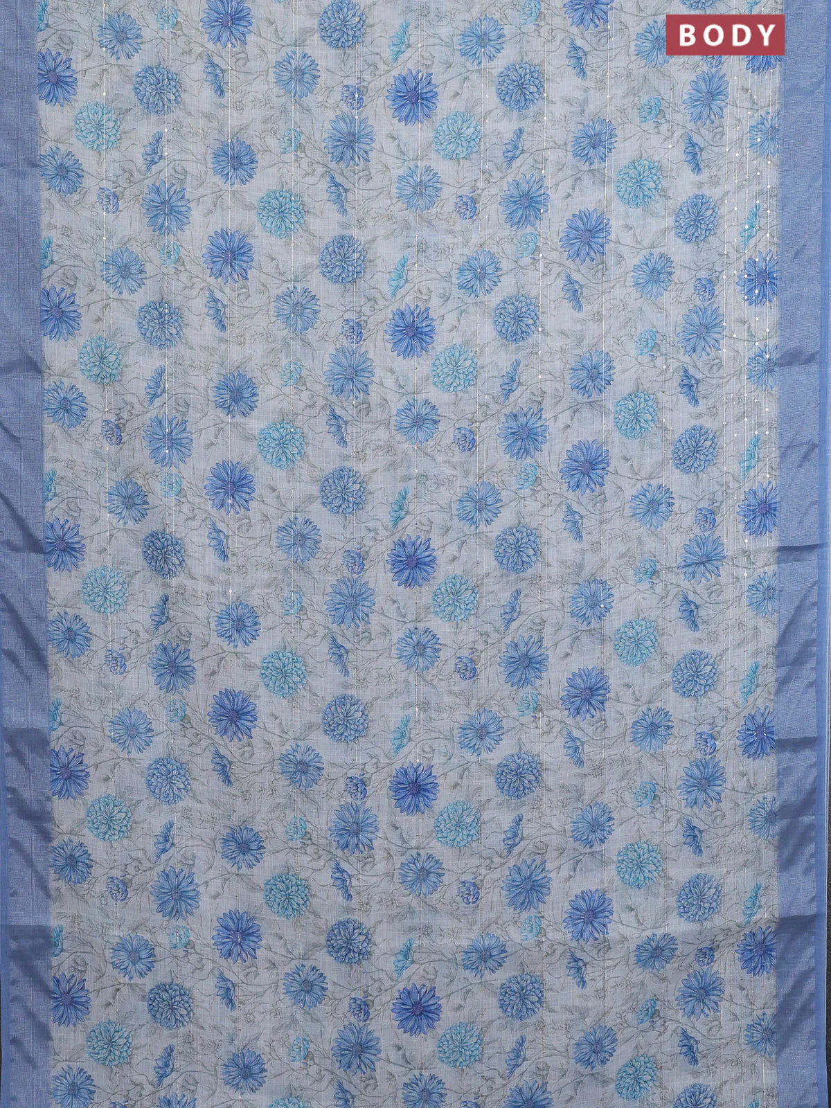 Linen cotton saree cream and blue with allover floral prints & sequin work and silver zari woven border - Image 2
