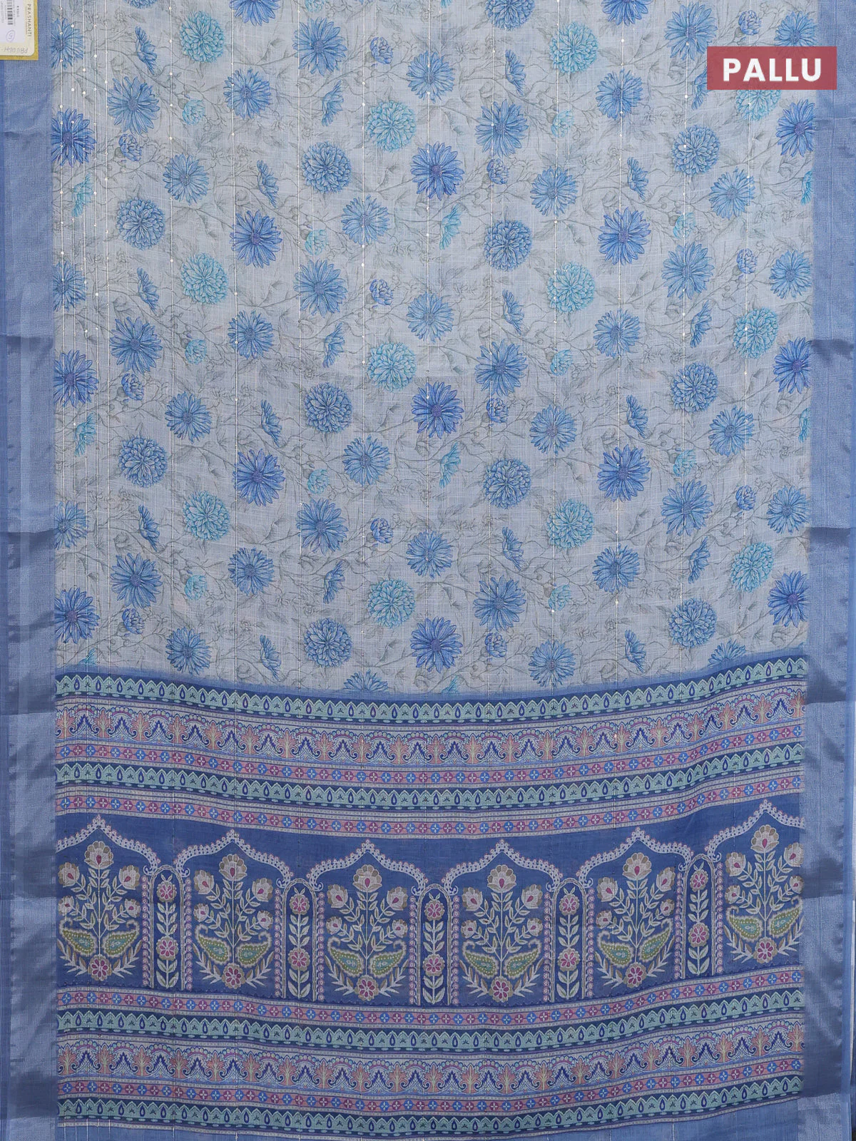 Linen cotton saree cream and blue with allover floral prints & sequin work and silver zari woven border - Image 3