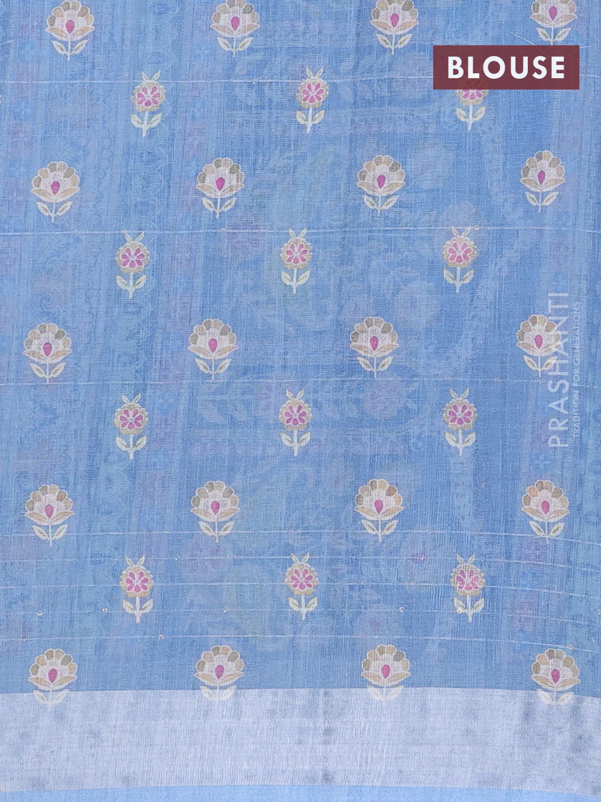 Linen cotton saree cream and blue with allover floral prints & sequin work and silver zari woven border - Image 4