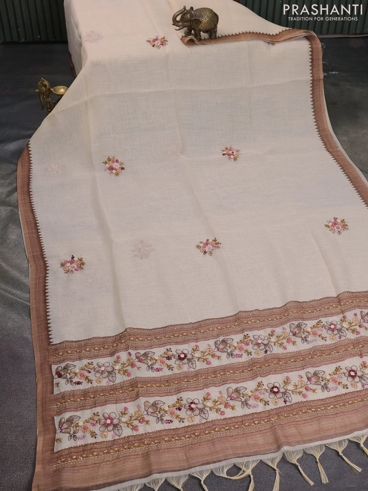Linen cotton saree cream and brown with kantha stitch work and zari woven border - Image 2
